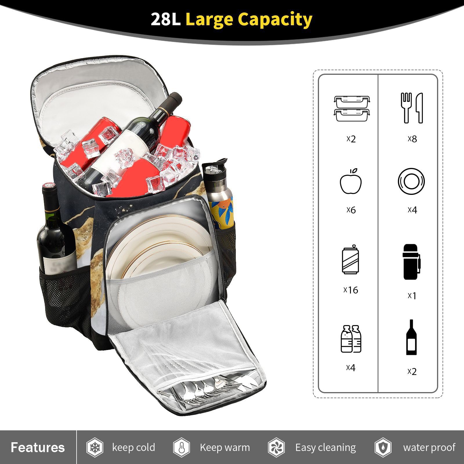 Black Marble Gold White Swirl Cooler Backpack Cooler Insulated Leak Proof Lunch Backpack 36 Cans Waterproof Soft for Men Women Picnic Hiking Camping Beach