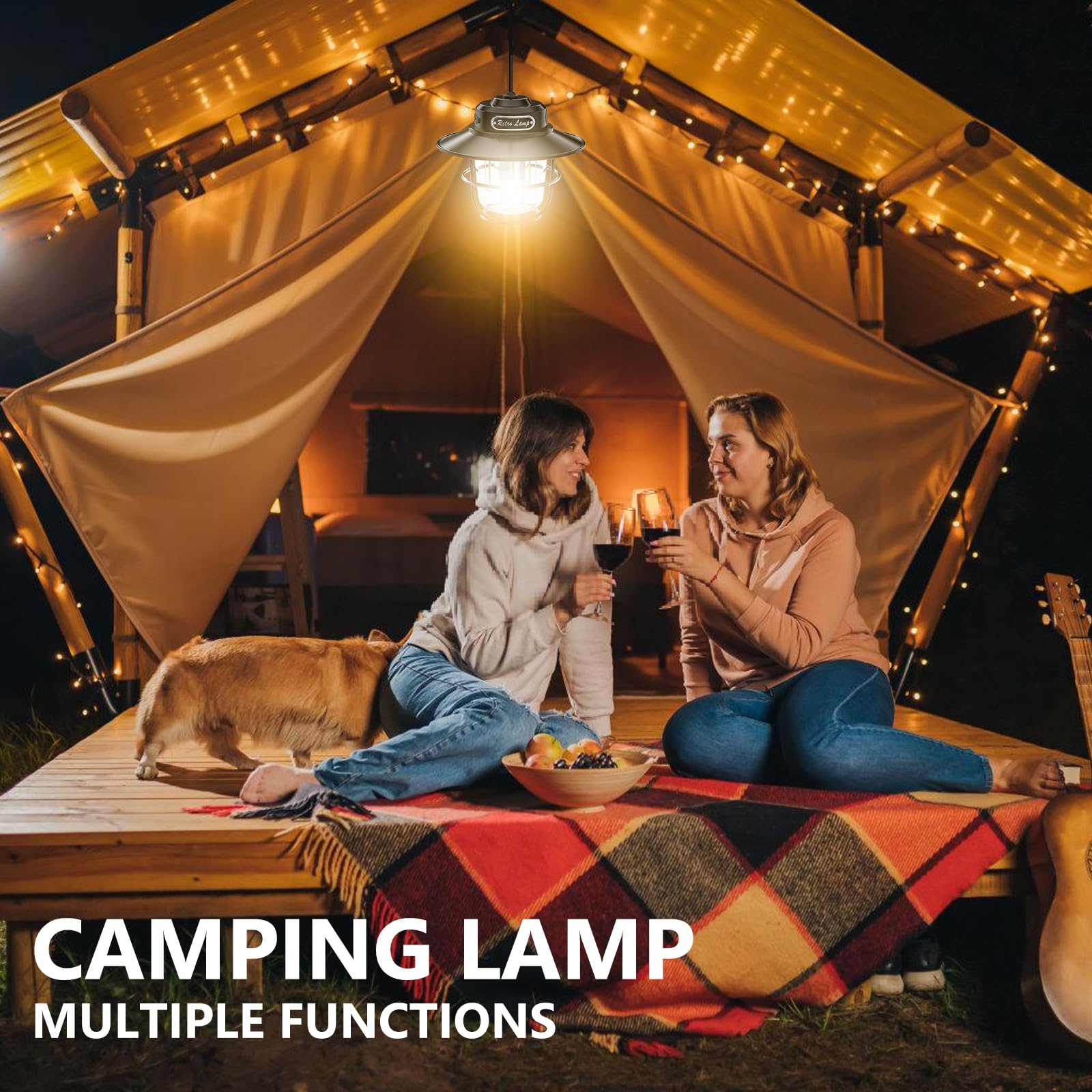 Lampa kempingowa LED, przenośna lampa kempingowa, ładowana, USB do zawieszenia, bezstopniowa regulacja natężenia światła 1300-6500 K, lampa wisząca w stylu retro, lampa kempingowa IPX4, wodoszczelna w
