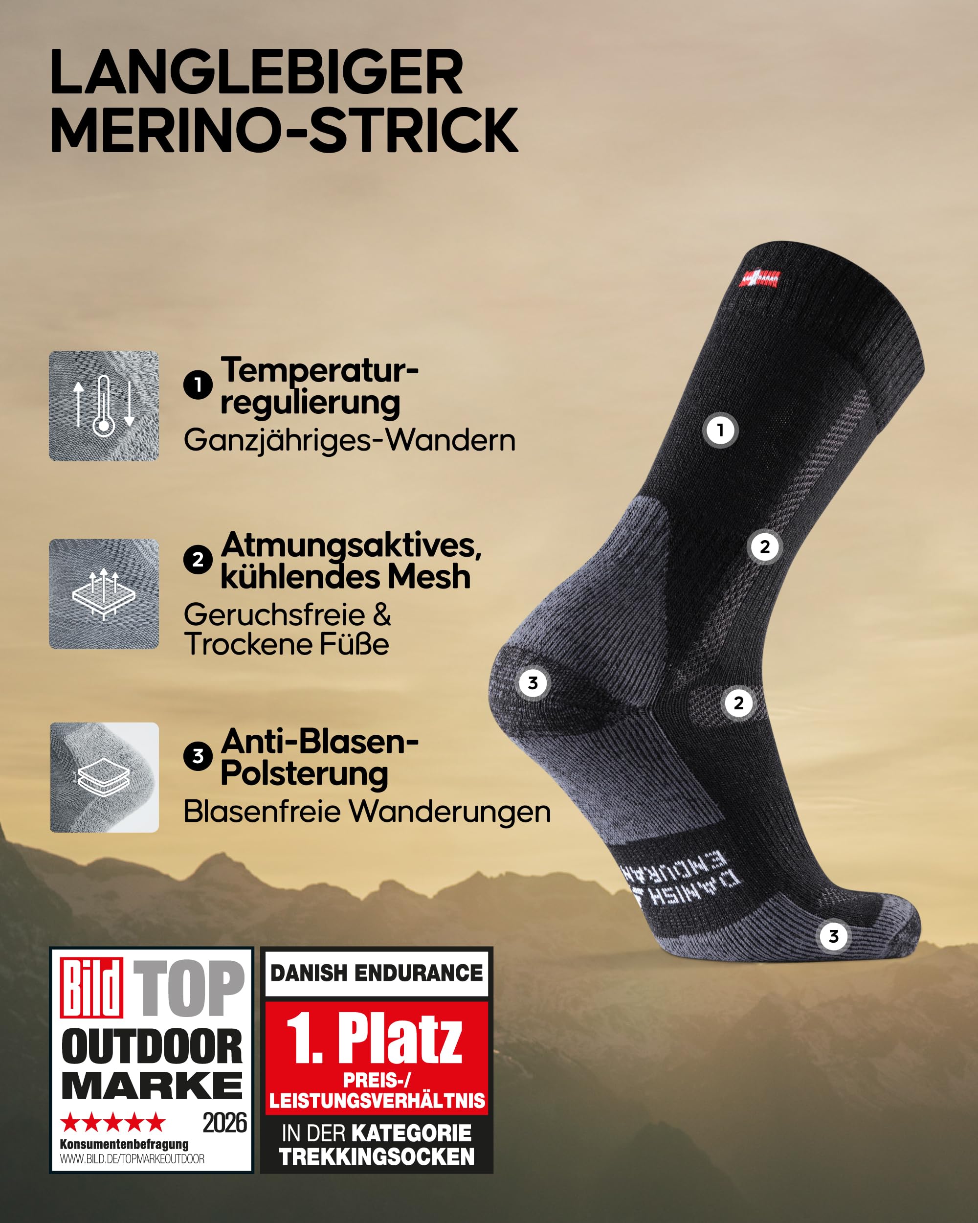 DANISH ENDURANCE Merino Wandersocken Funktionssocken Atmungsaktiv Gepolstert Herren Damen Kinder 3 Paar