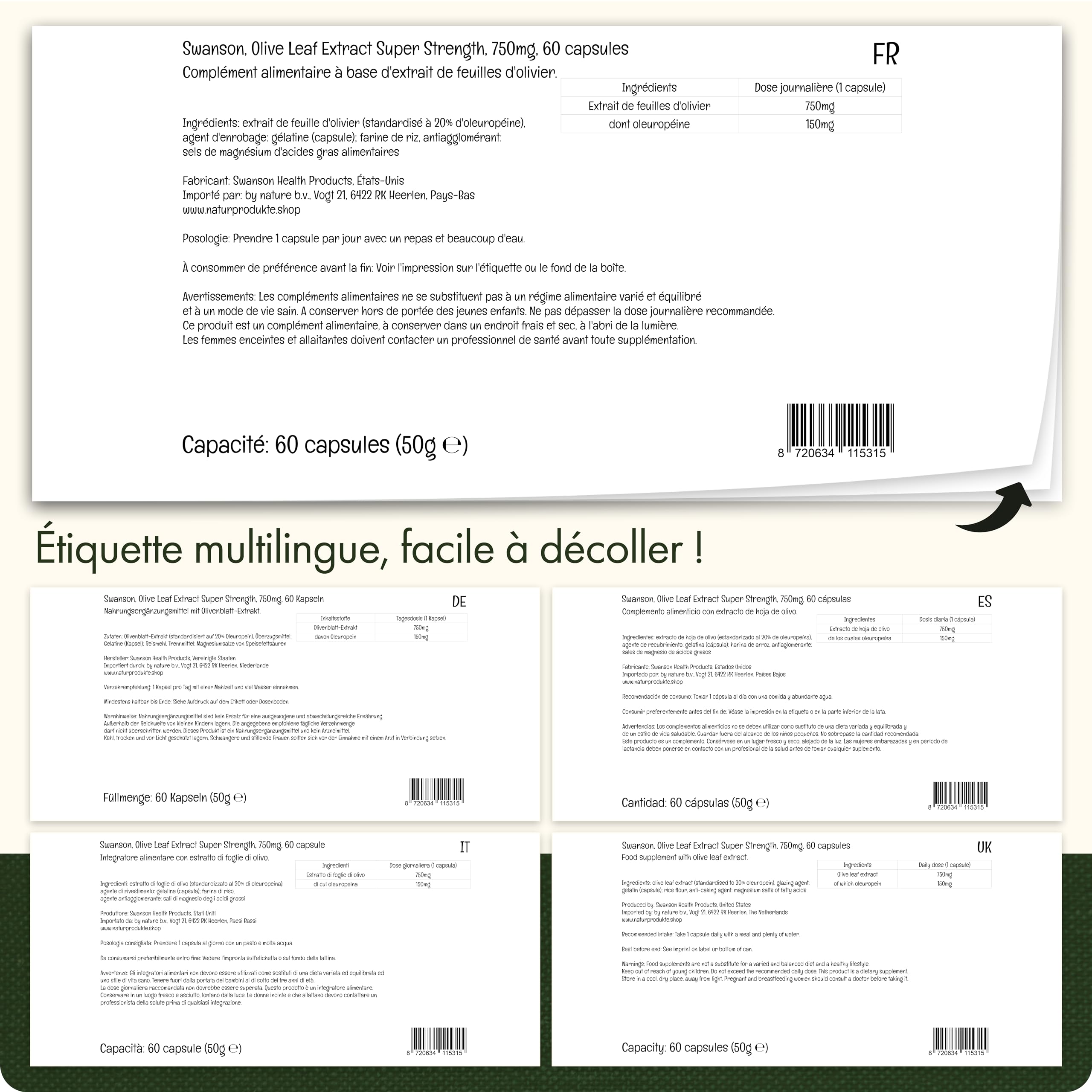 Swanson, Olive Leaf Extract (Extrait de Feuille d'Olivier), 750mg, 60 Capsules, Hautement Dosé, Testé en Laboratoire, Sans Soja, Sans Gluten, Sans OGM