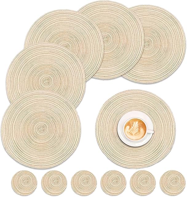 12 Packs Round Placemats and Coasters Set 6 Place Mats and 6 Coaster Round Braided Placemats Round Table Mats for Wedding Dining Table Mats Kitchen Decor(Beige)