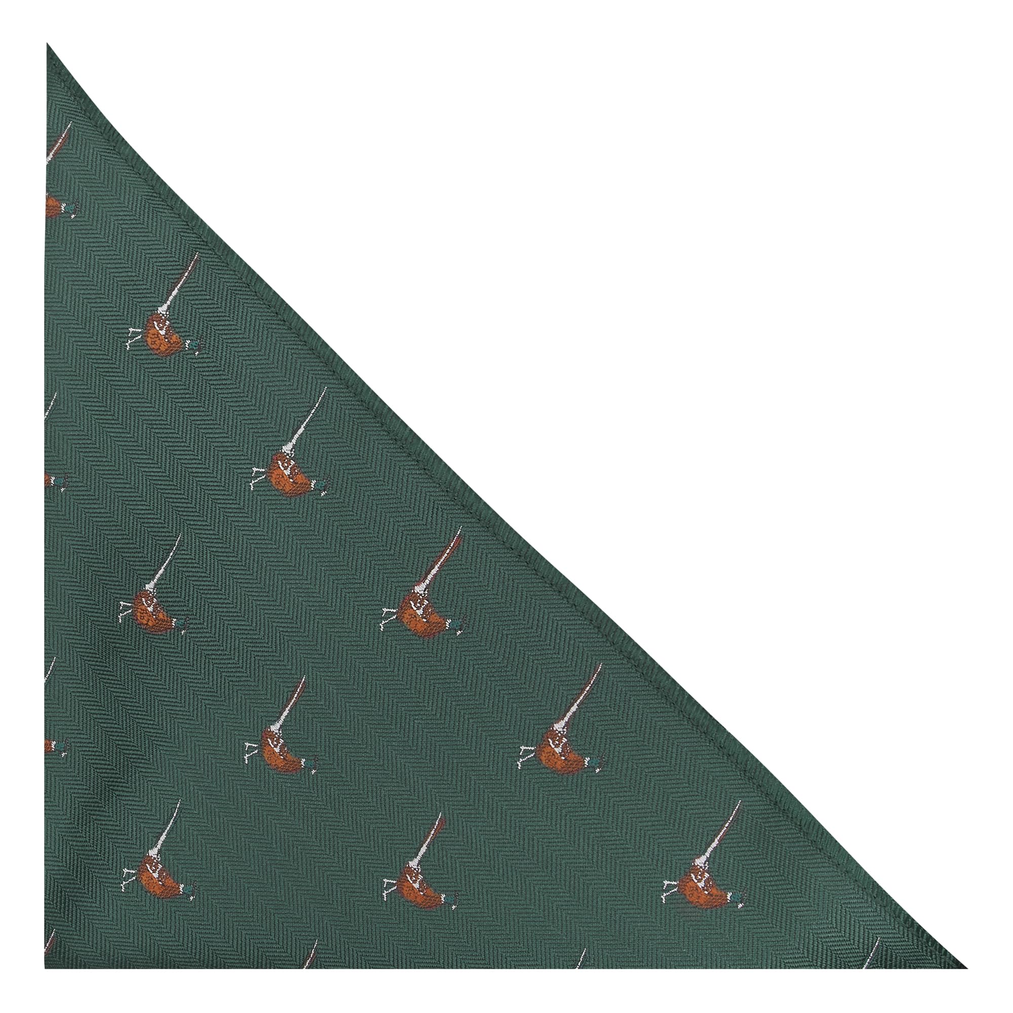 King & Priory Dark Green Herringbone Embroidered Pheasant Pocket Square, Handkerchief