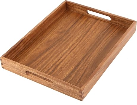 2Pack Acacia Wooden Serving Tray17x12 Nesting Ottoman Trays for Living Room, Coffee Table, Breakfast in Bed, Candle Display, Decorative Serving Trays Platter for Food, Drink and Decor