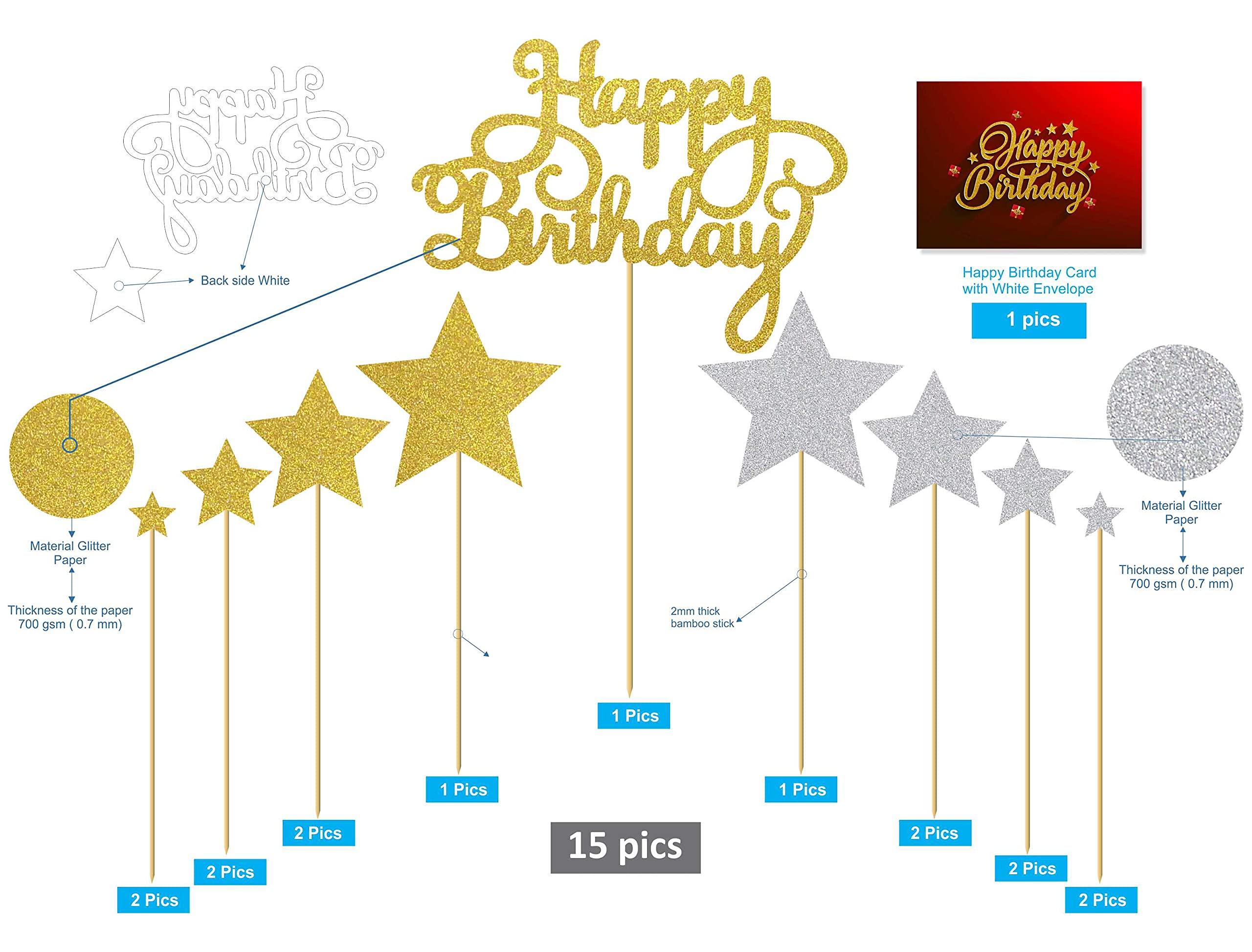 SVM CRAFT® Happy Birthday Cake Topper 15 Pcs with Golden Silver Glitter and Stars Cupcake Toppers for Kids Boy's Girls Adults 30th, 40th, 50th,60th Birthday Decorations Items/Cake Accessories 2