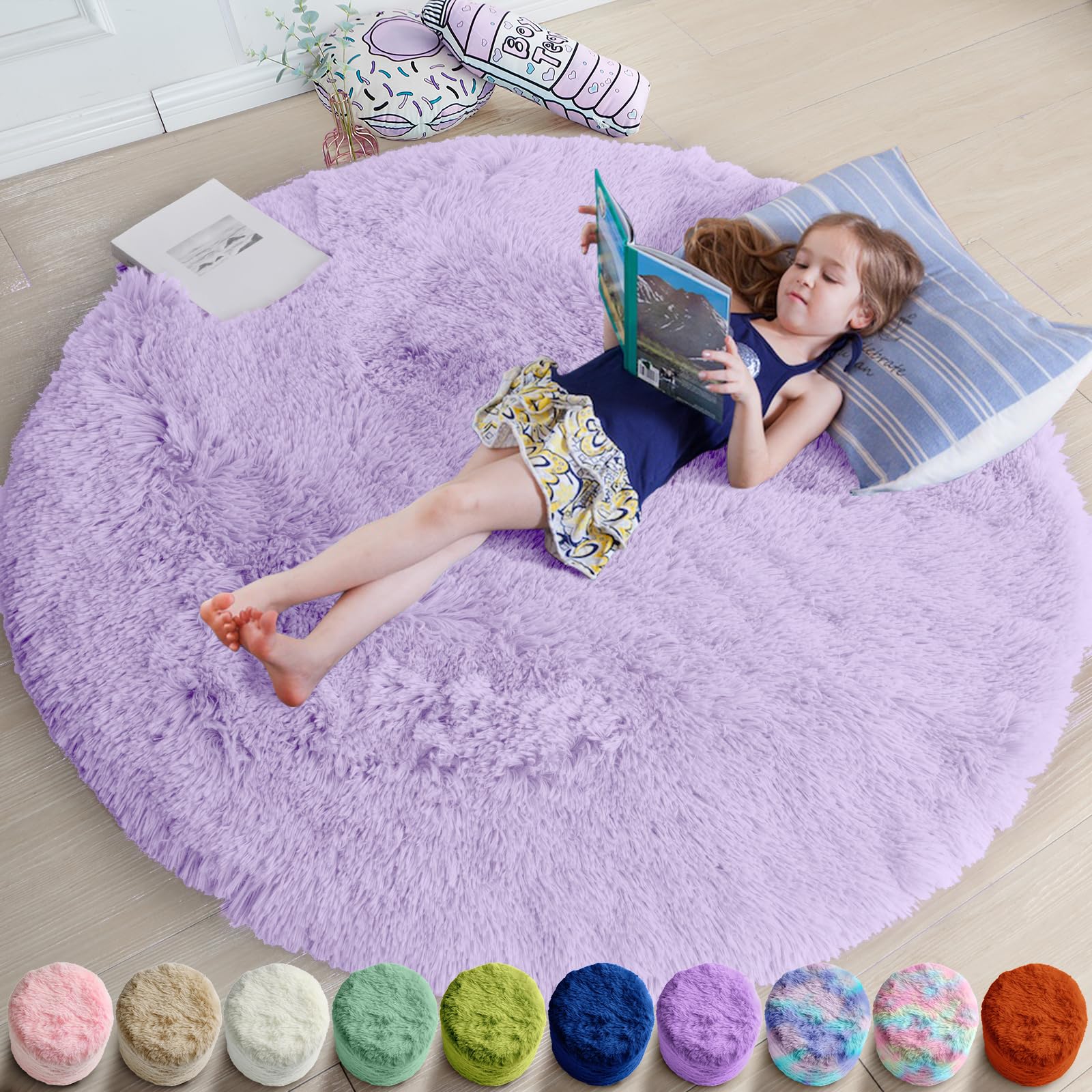 Amdrebio Light Purple Large Round Rugs 7Ft for Girls Bedroom, Fluffy Fuzzy Circle Area Rug for Kids Room Decor Aesthetic, Soft Cute Furry Plush Shag Lavender Carpet for Living Room, Baby Nursery — image 1