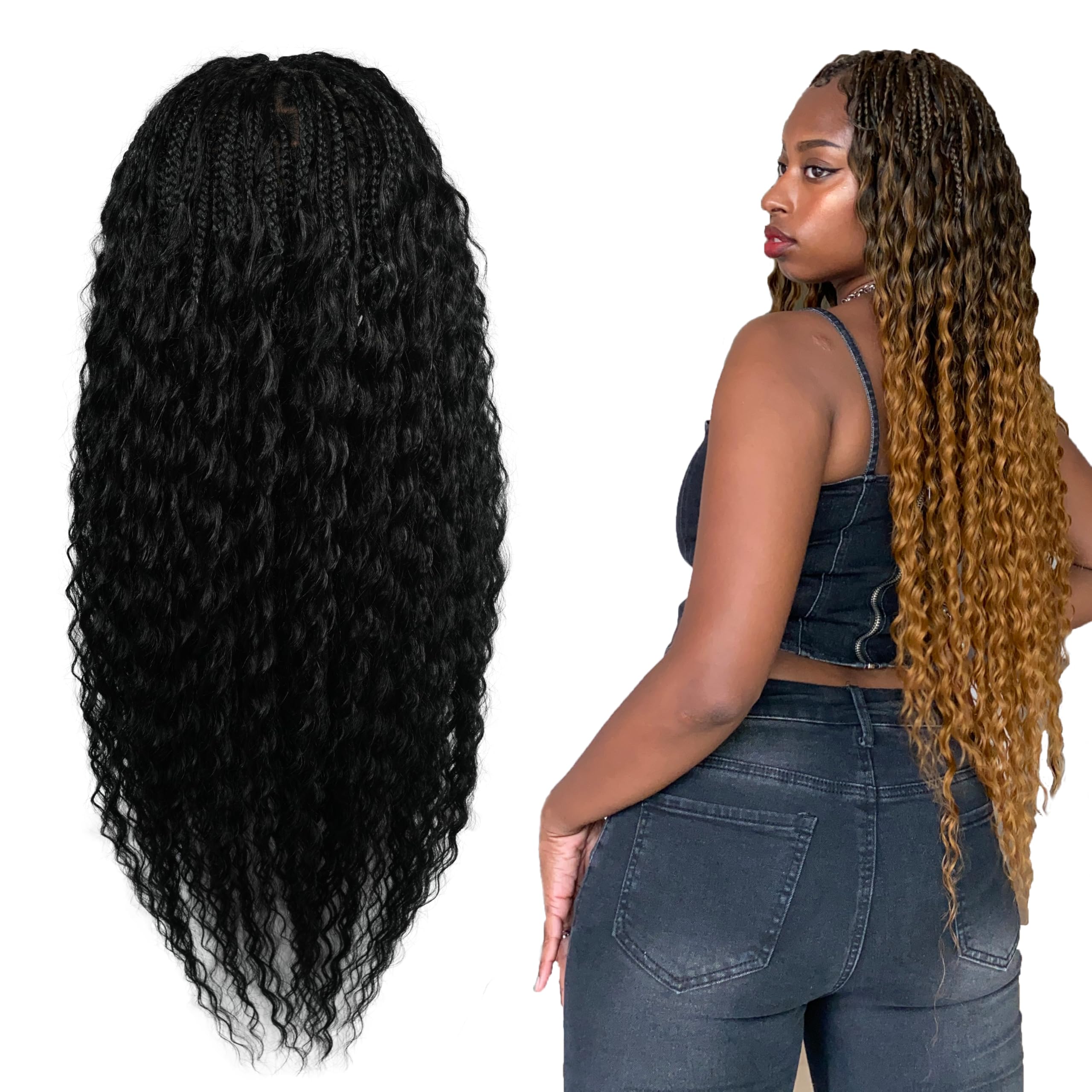 RAHELMO Single Full Lace Braid Wig – Micro Boho Peruvian Deep Wave Box Braided Wig, Knotless Braided Wigs for Black Women, Curly Hair Wig, with