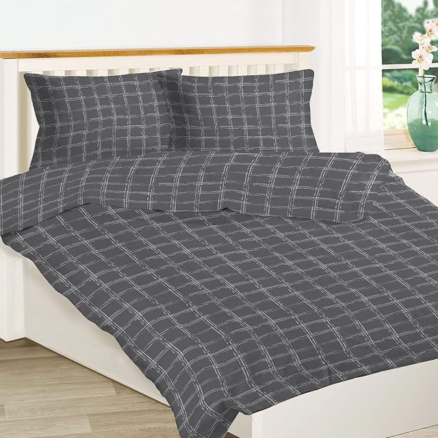 Sways Cotton Single Duvet-Cover-Sets Grey, Nordic Check-Design Bedding-Set with Smart White Zipper Closure, Plain Weave Cotton 140cm x 200cm + 50cm x 70cm (100% Cotton Single Bedding sets)