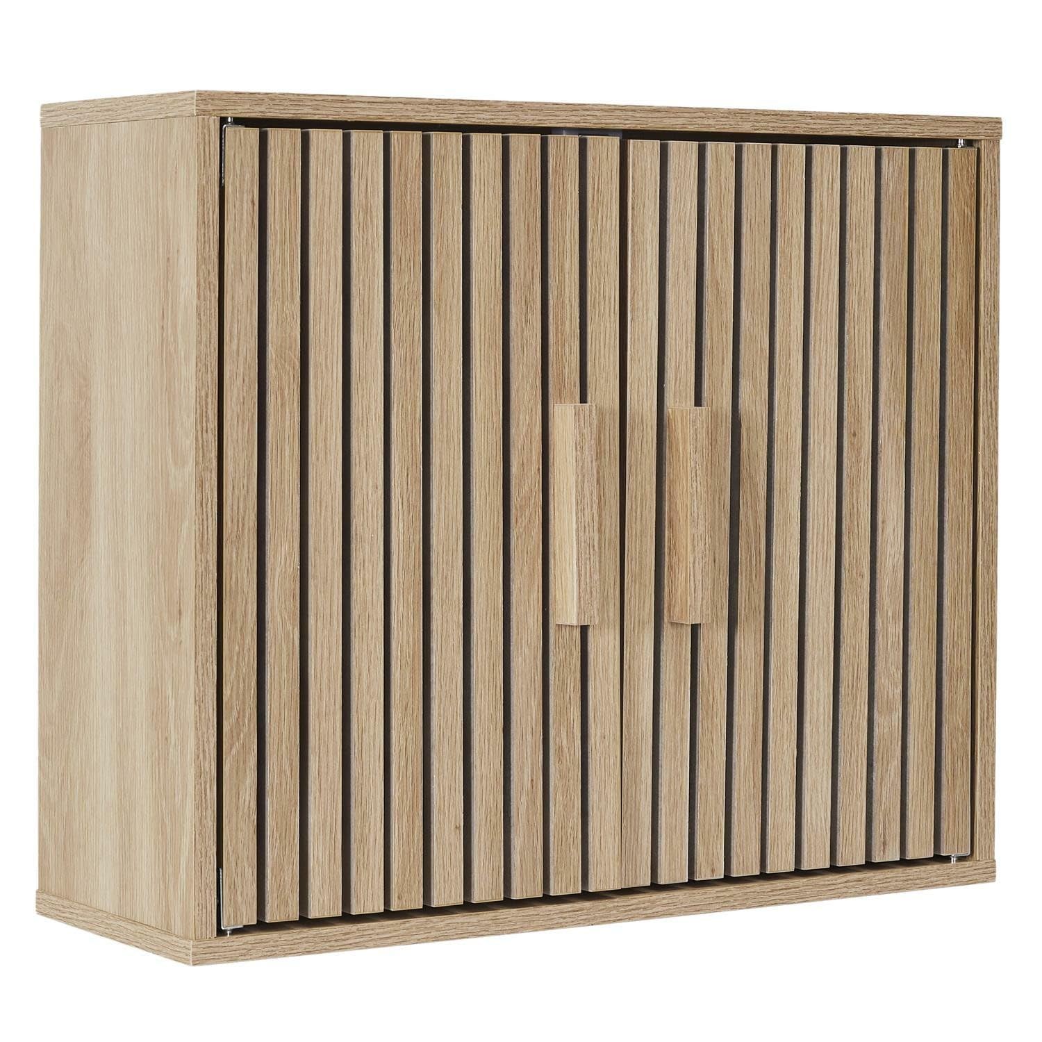 Armoire suspendue Linea avec fraisages verticaux aspect bois - Élégante armoire murale avec 2 portes et étagères pour salle de bain, cuisine, couloir
