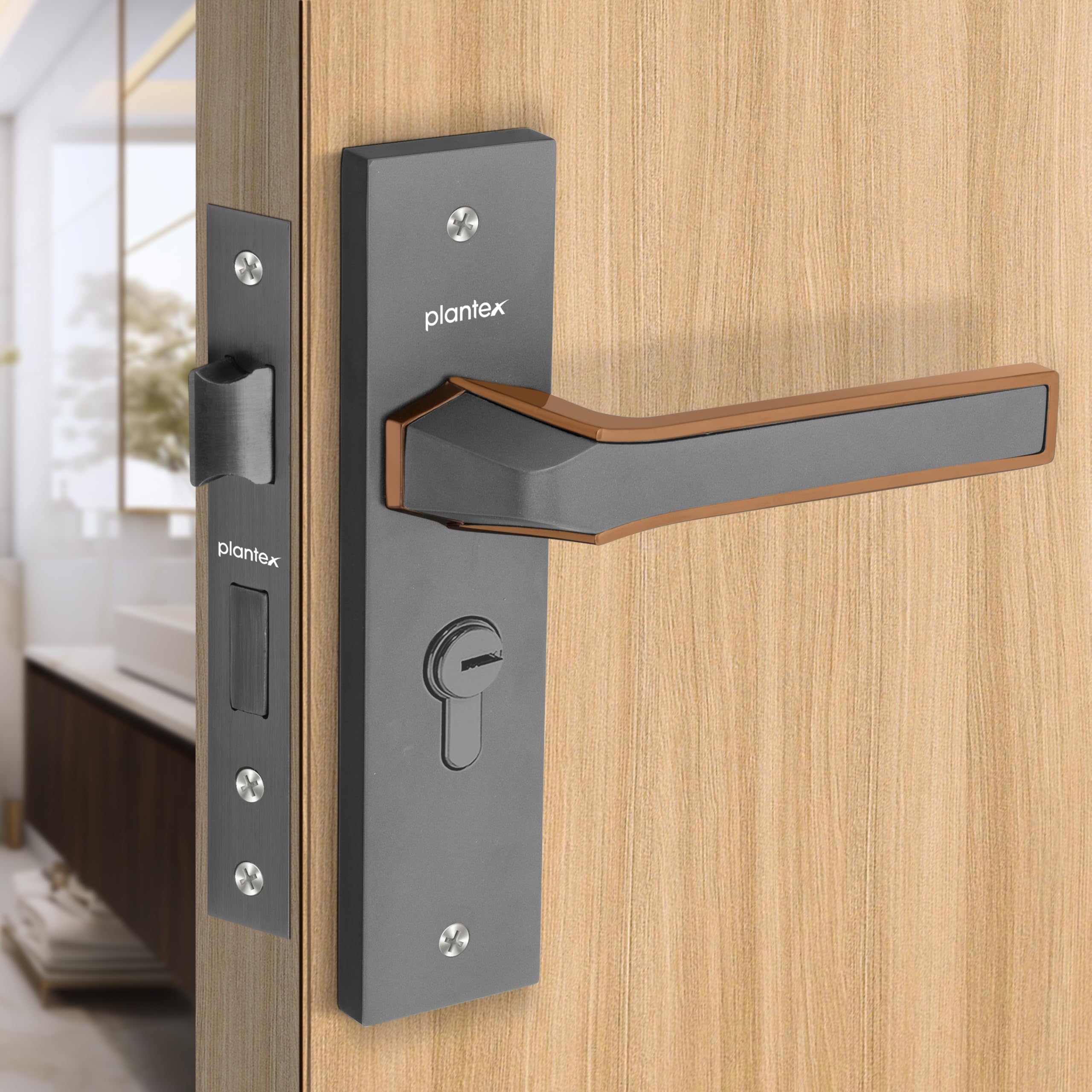 Plantex Heavy Duty Door Lock Set - Main Door Lock Handle Set/Mortise Locks with 3 Keys, Brass Body & Cylinder (8126 - Grey & PVD Choco)
