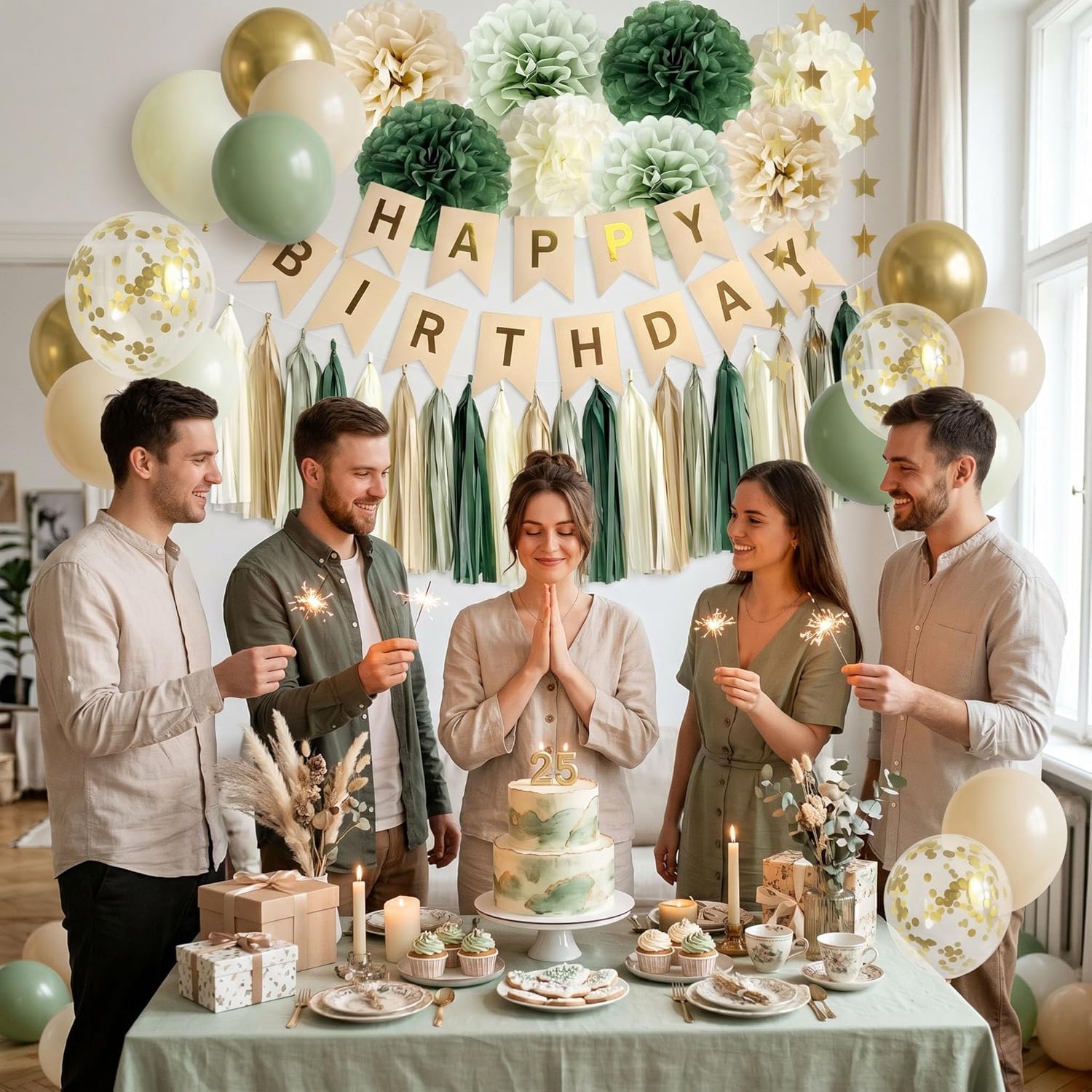 Happy Birthday Party Decorations - Sage Green Balloons -2 Happy Birthday Party Decorations - Sage Green Balloons -2