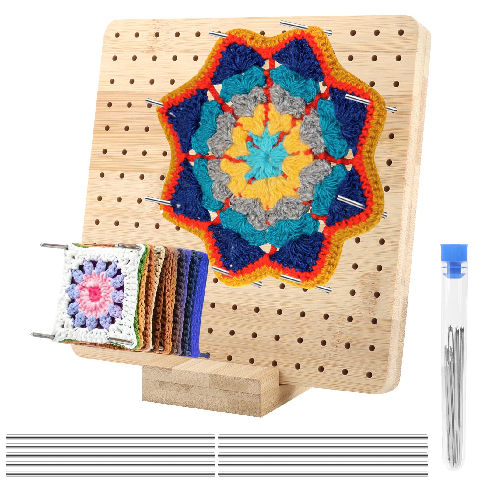 Deska blokująca do Granny Square, 19,5 x 19,5 cm, drewniana deska blokująca z 10 prętami ze stali nierdzewnej i 5 igłami, drewniana deska blokująca do szydełkowania do naciągania małych części do