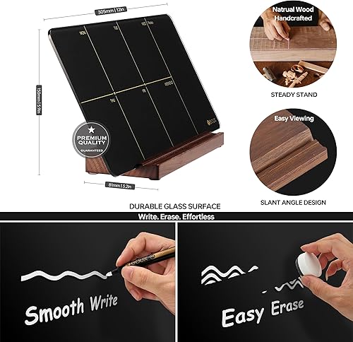 Miniatura 3 de Pizarra semanal de cristal de borrado en seco con soporte de madera desmontable, rojo burdeos, pequeño calendario de escritorio para planificar