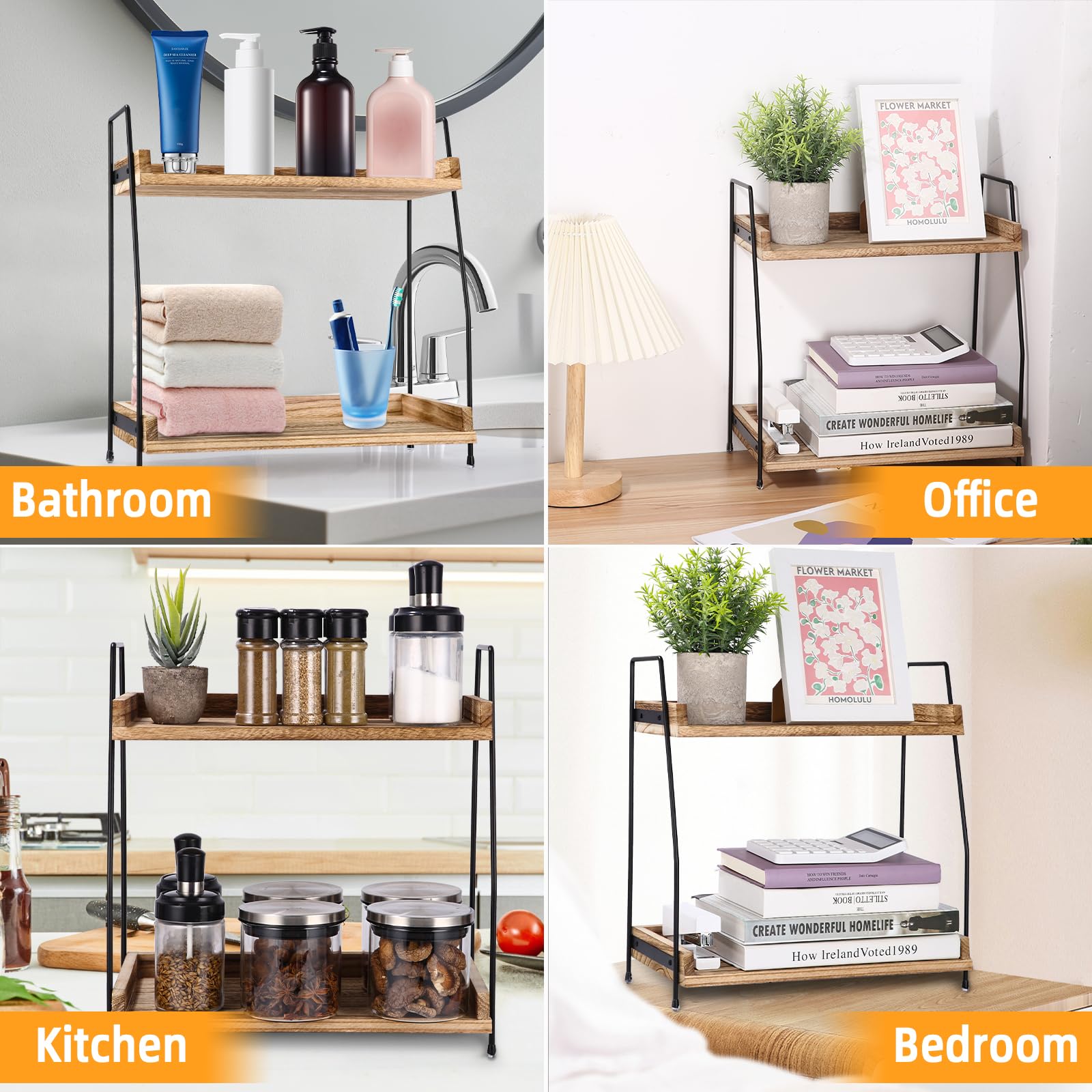 Scaffale Portaoggetti a 2 Ripiani per Caffè e Accessori Bar in Legno - Organizer per Cucina, Casa, Ufficio