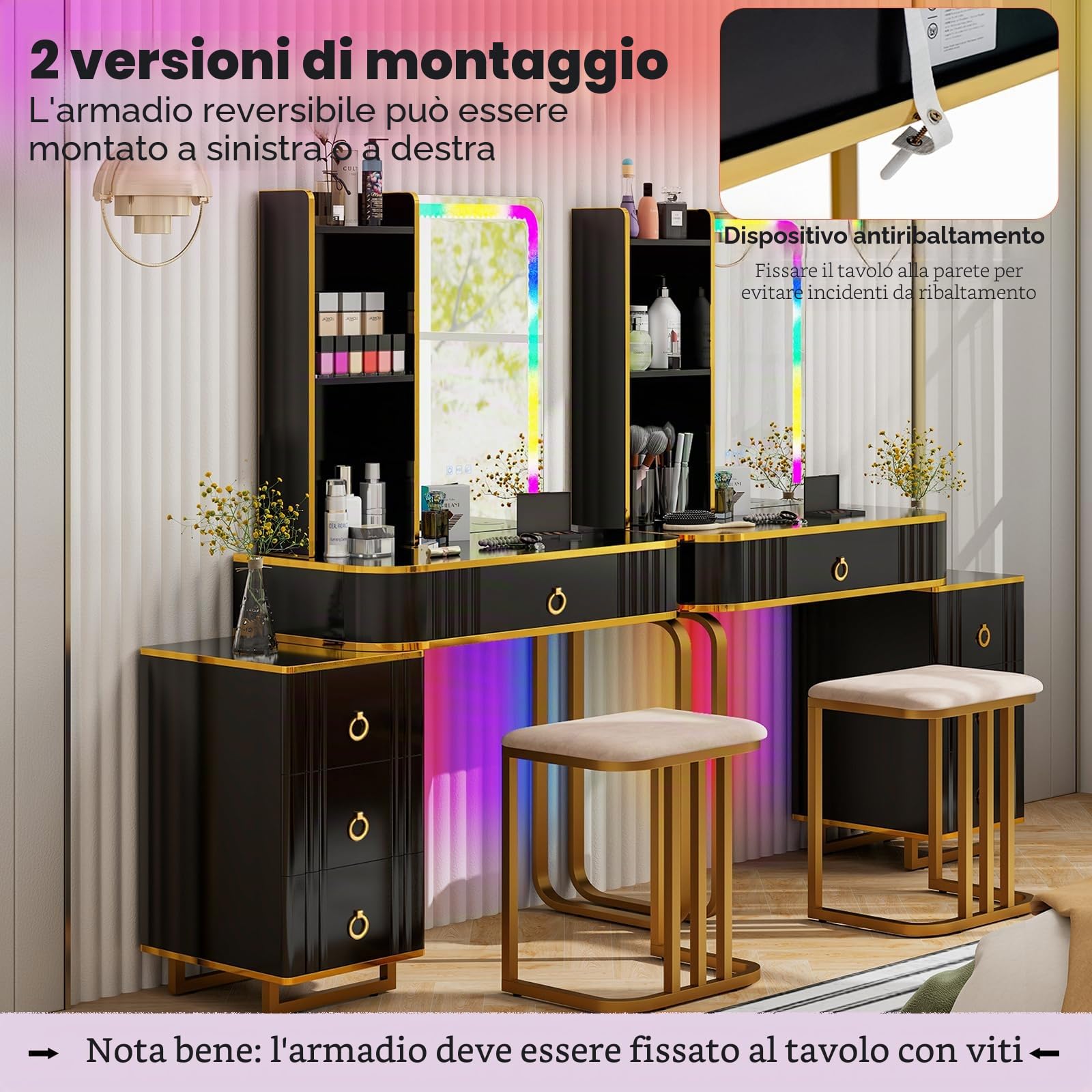HOMASIS Toeletta Trucco con Luci a Led Colorate Regolabili, Postazione Trucco con Sgabello, Toletta da Trucco con Specchio con Porta USB e 4 Cassetti, 80 x 40 x 137 cm (Nero)