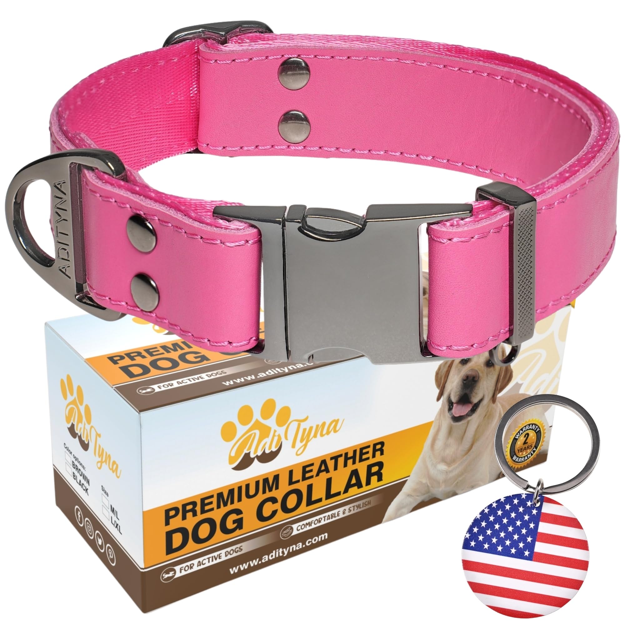 ADITYNA - Pink Leather Dog Collar with Metal Buckle for Medium and Large Dogs - Heavy-Duty, Adjustable, and Leather Tactical Dog Collar (Fit 15-21" Neck, Pink) — image 1