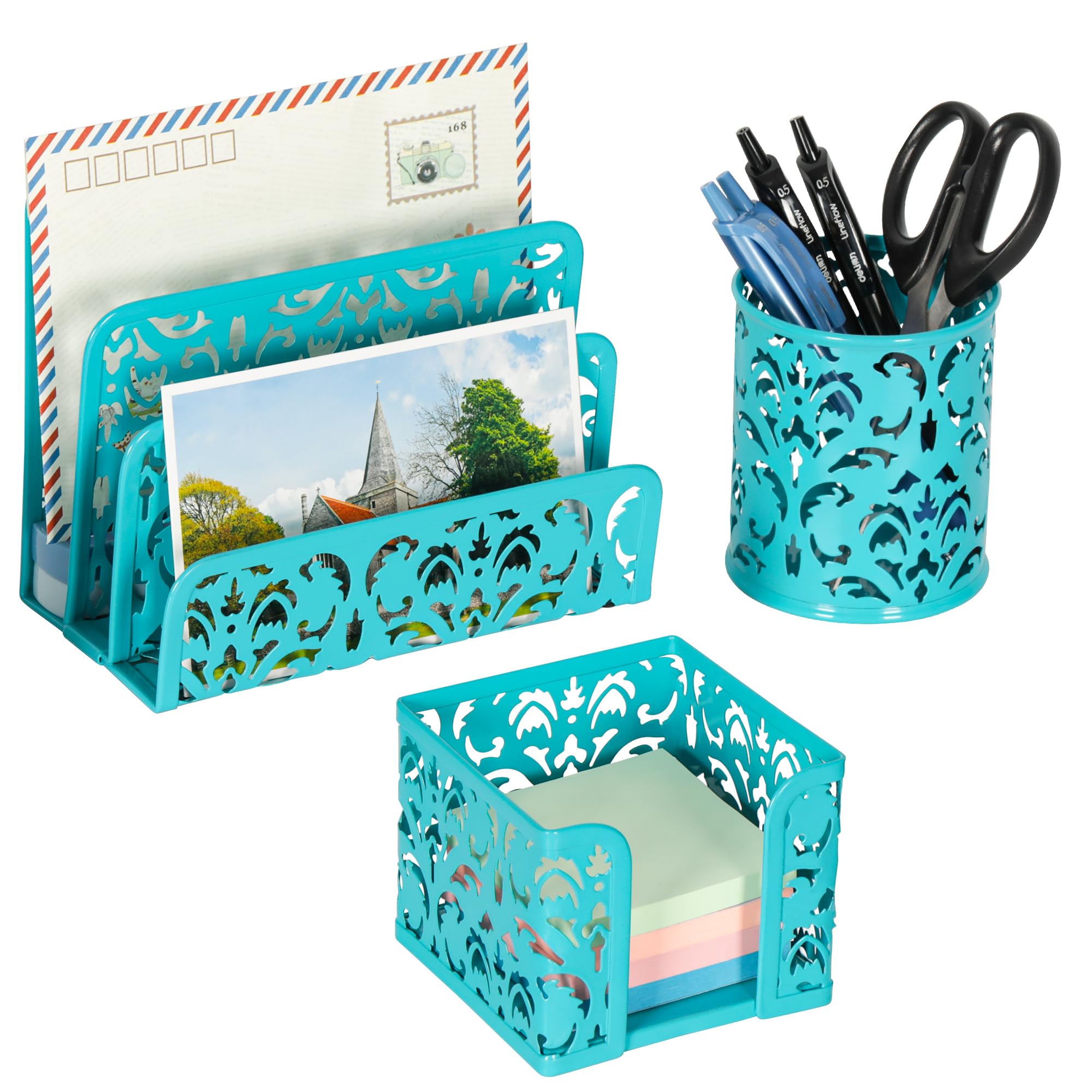 EasyPAG Desk Organizers and Accessories 3 Pieces Office Organizer Set - Pen Holder for Desk, Mail Sorter Countertop and Sticky Note Holder, Dark Teal