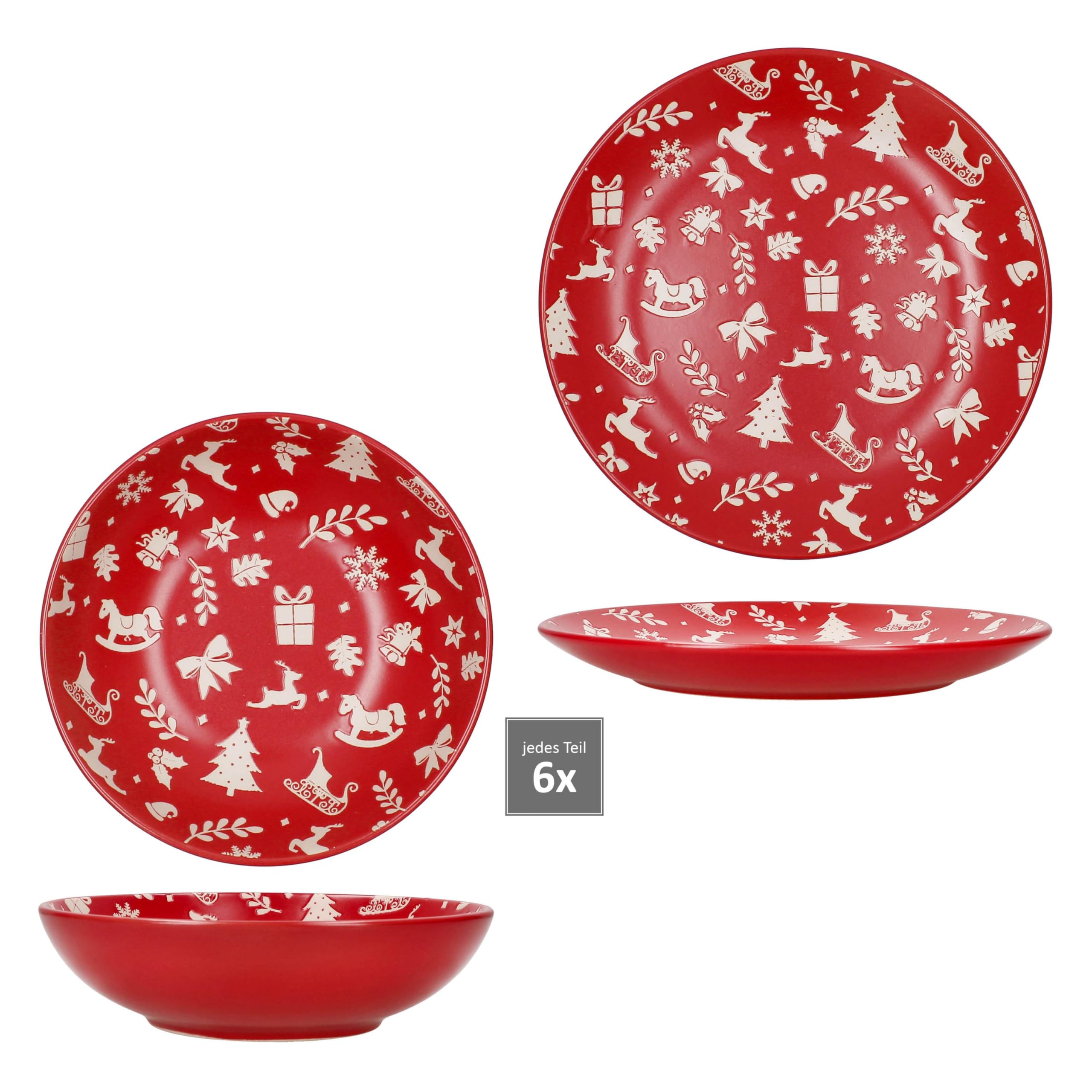 MamboCat Advent 12tlg Tafelservice I Steingut-Geschirr für 6 Personen in Rot mit Weihnachtsmotiven in Creme I winterliche 6X Speiseteller & 6X Suppenteller 480ml I Weihnachten