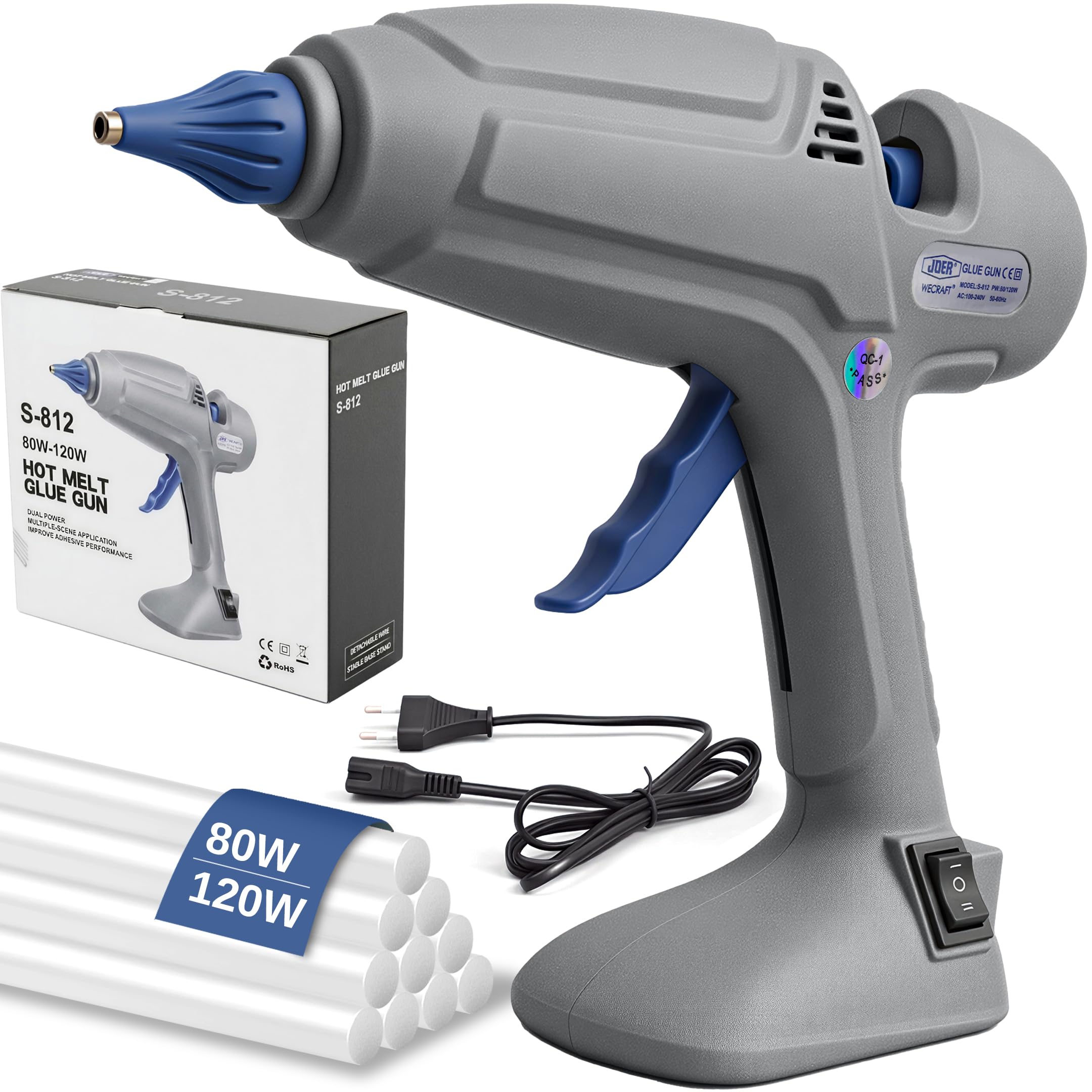 YESLUSY Pistola Silicona Caliente, 80-120 W, PTC, Doble Temperatura, Con 10 Barras de Pegamento, Boquilla de Cobre Antigoteo (3 mm), Cable de Alimentación Desmontable Para Bricolaje y Manualidades