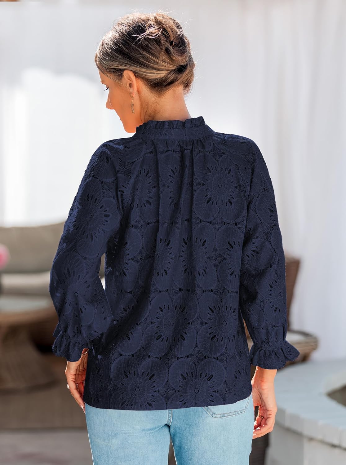 Women's Casual Business Eyelet Lace Blouses Tops V Neck Elegant Boho Tops Work Dressy Shirts Hollow Out Spring Summer - Image 3