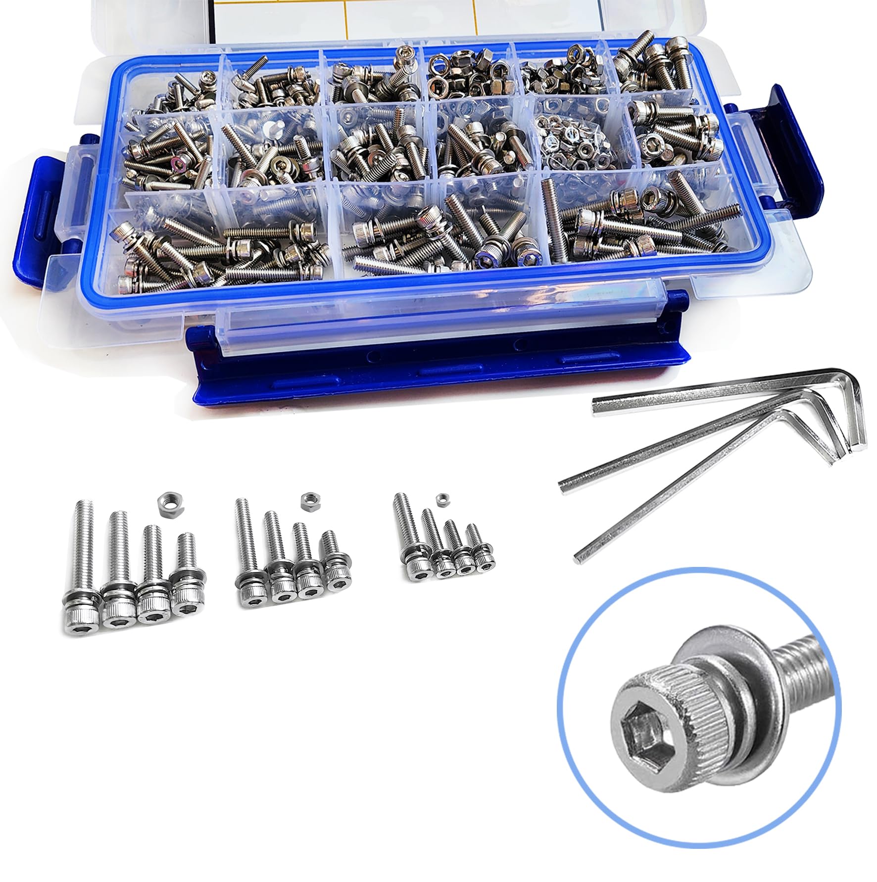 Vixel 624 Pieces DIN 912 Hex Head Socket Cap Combined Screws Set, M3 to M5, Stainless Steel, with Hexagonal Wrenches and Tweezer