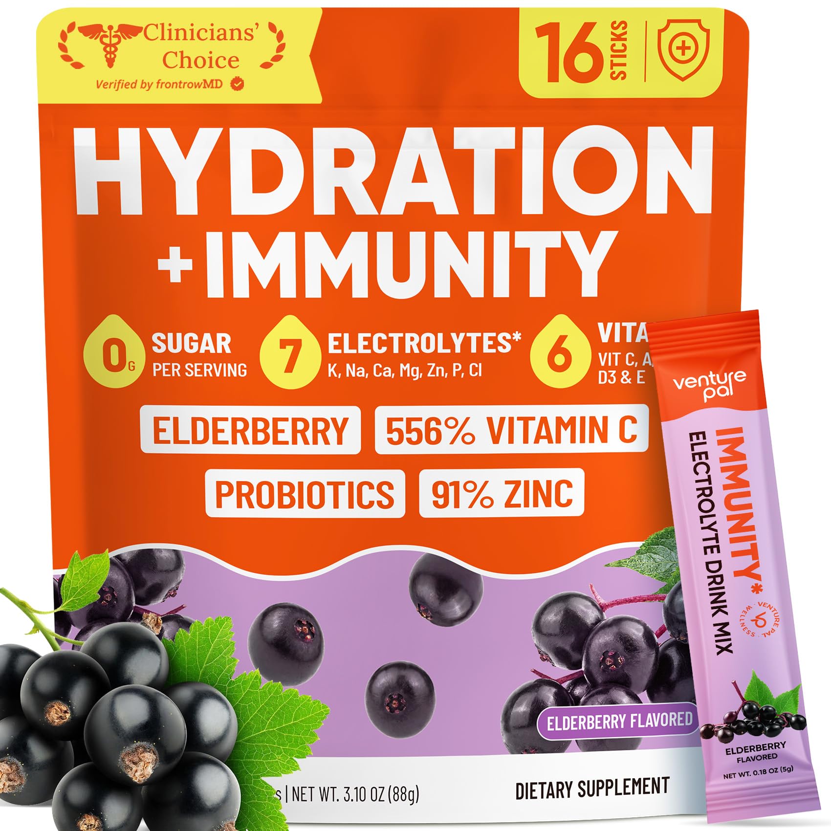 Venture Pal Sugar Free Hydration Packets+Immune-Liquid Daily IV Drink Mix