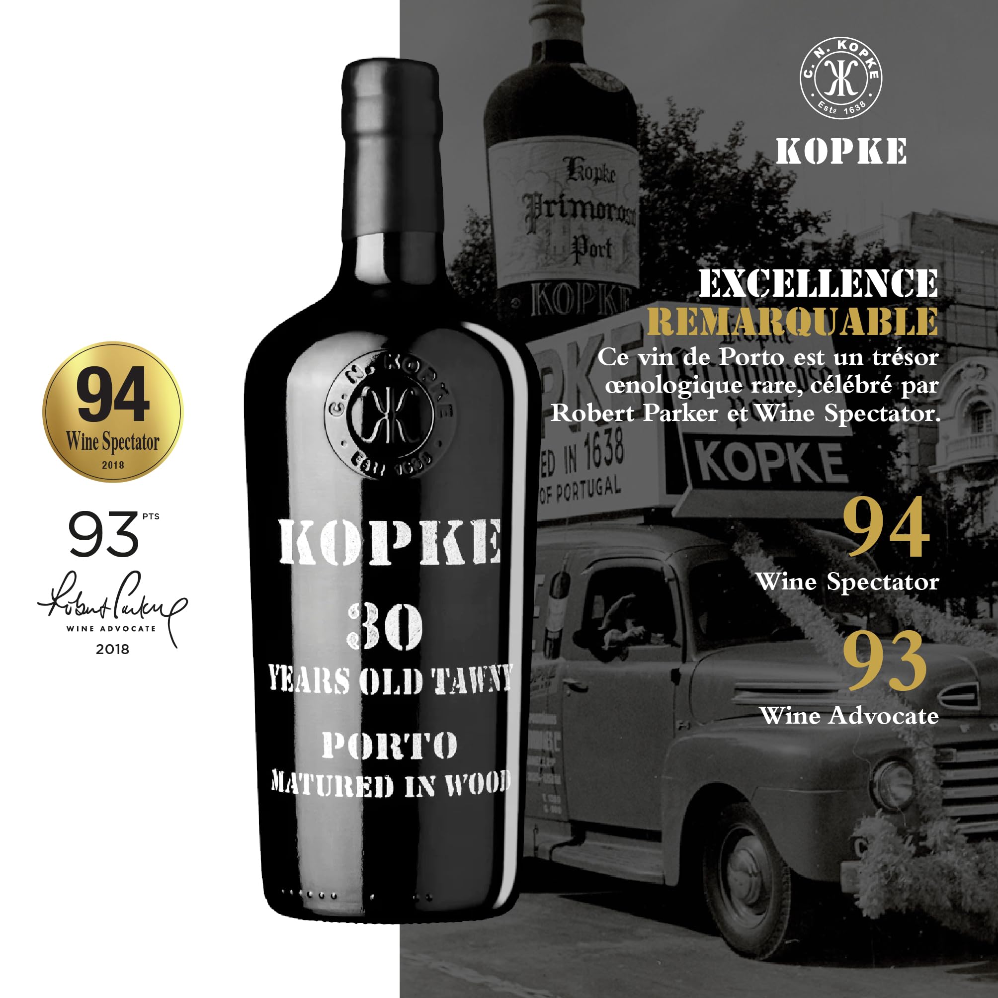 Kopke Porto Tawny 30 Ans – Vin de Porto Rouge Vieilli en Fût de Chêne | Vin de Dessert d’Exception en Bouteille Traditionnelle avec Coffret Cadeau en Bois | 0,75L, 20% Vol. – Idée Cadeau Élégante