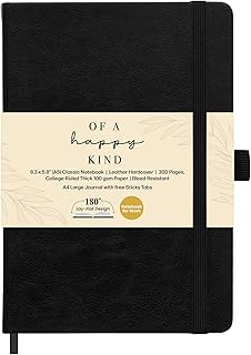 Lined Leather Bound Journal Notebook, A5 Hardcover - Black 5.8x8.3" - Thick 300 Pages College Ruled Paper Journals for Men and Women - Personal and Professional Note Book for Writing & Journaling