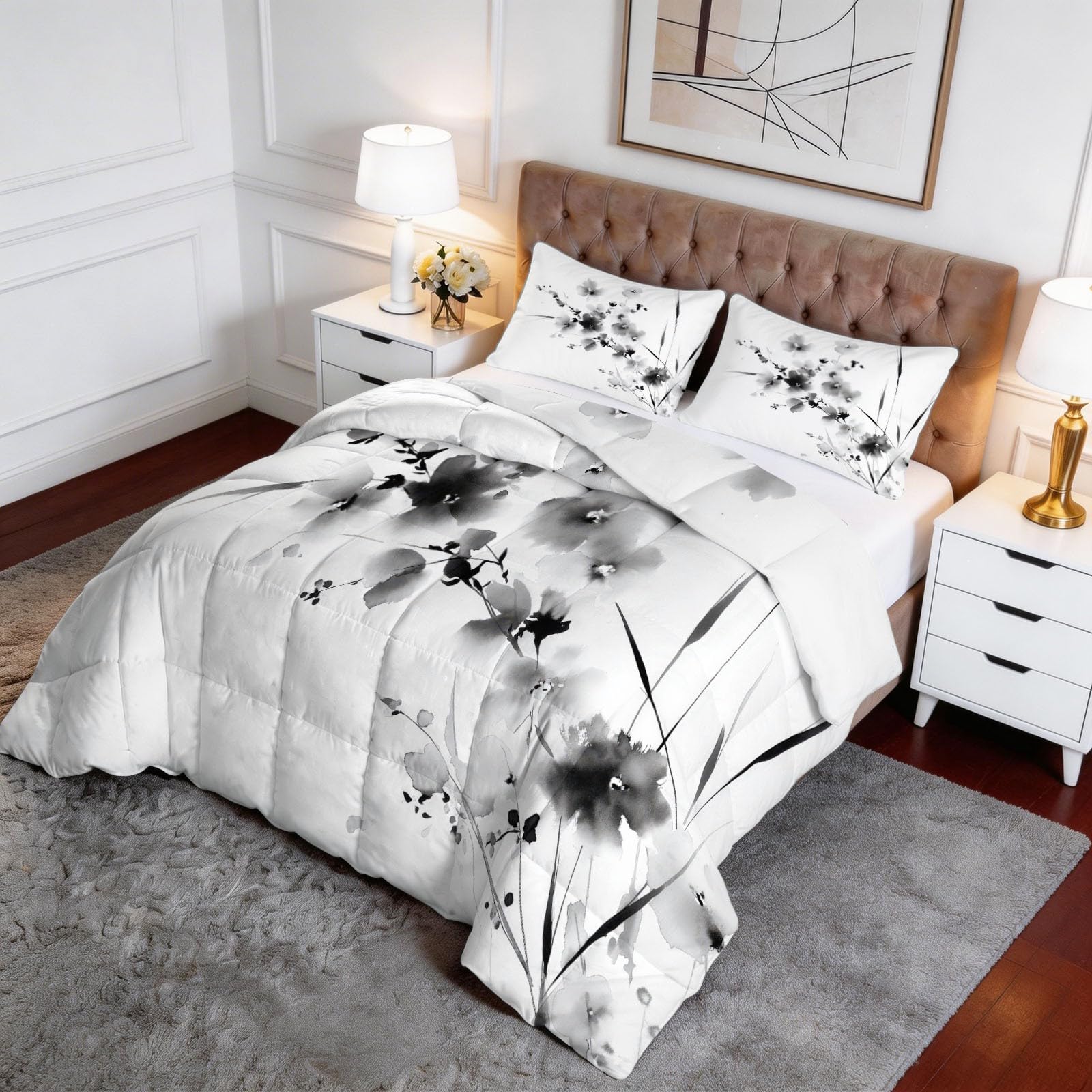 Trapunta Matrimoniale 150x200 cm Fiori selvatici astratti in bianco e nero Piumone 4 Stagioni Microfibra Traspirante Morbida, Trapuntino Copriletto Stampa 3D con 2 Federe 50x80 cm