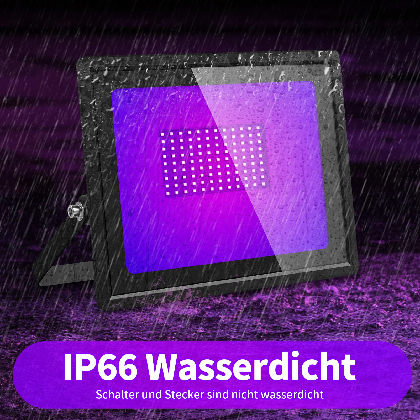 100W Schwarzlichtlampe, 3 Brightness Schwarzlicht, P66 Wasserdicht Schwarzlicht Strahler, UV Licht Mit 1.5m Netzkabel Stecker Schalter, Schwarzlicht Led für Party Disco, Neonfarben, Aquarium