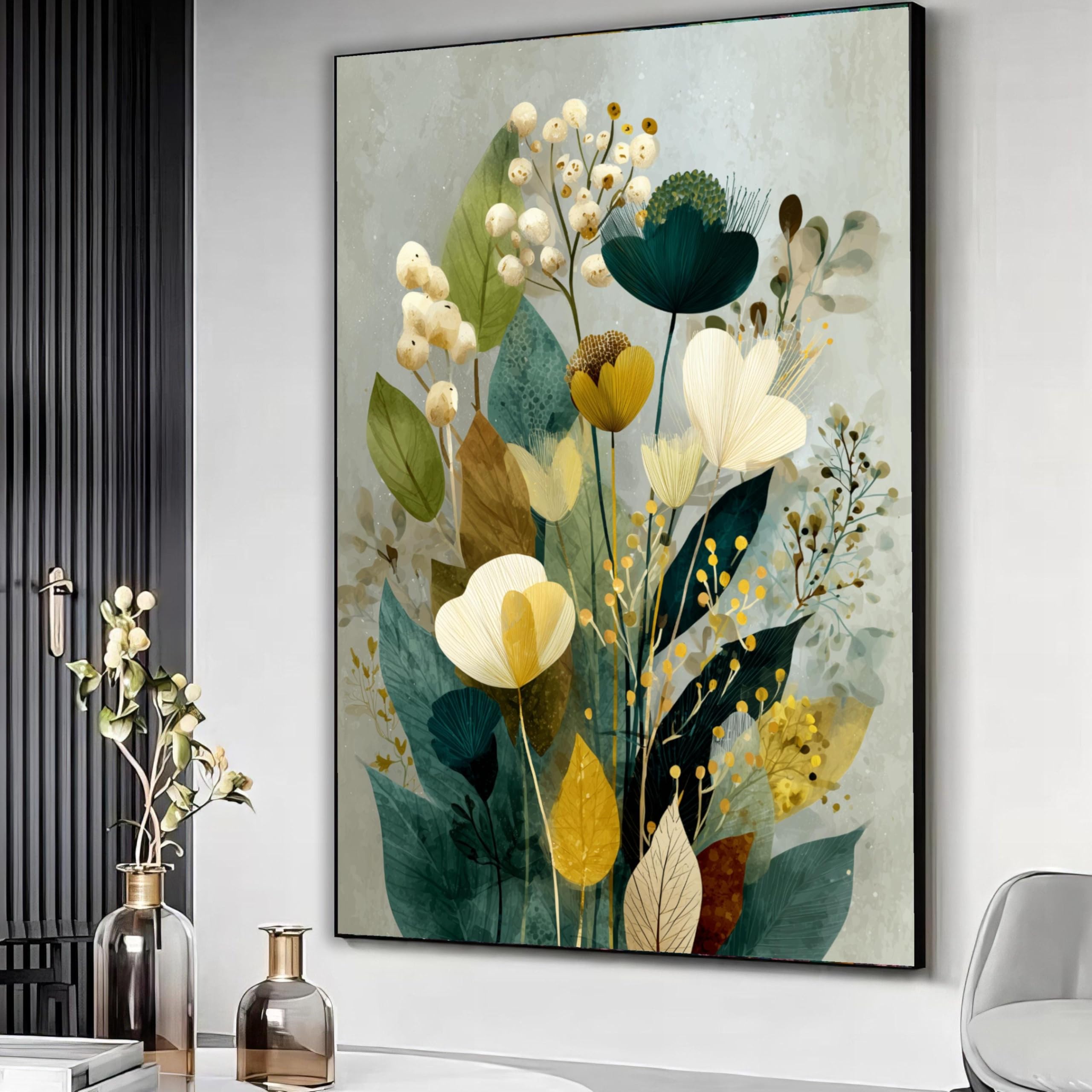 YUSUZHU Botanical Canvas Wall Art, Floral Print, Neutral Tones Nature Decor, Green and Yellow Leaves Painting, Home Decoration(80x110cm/Frameless)