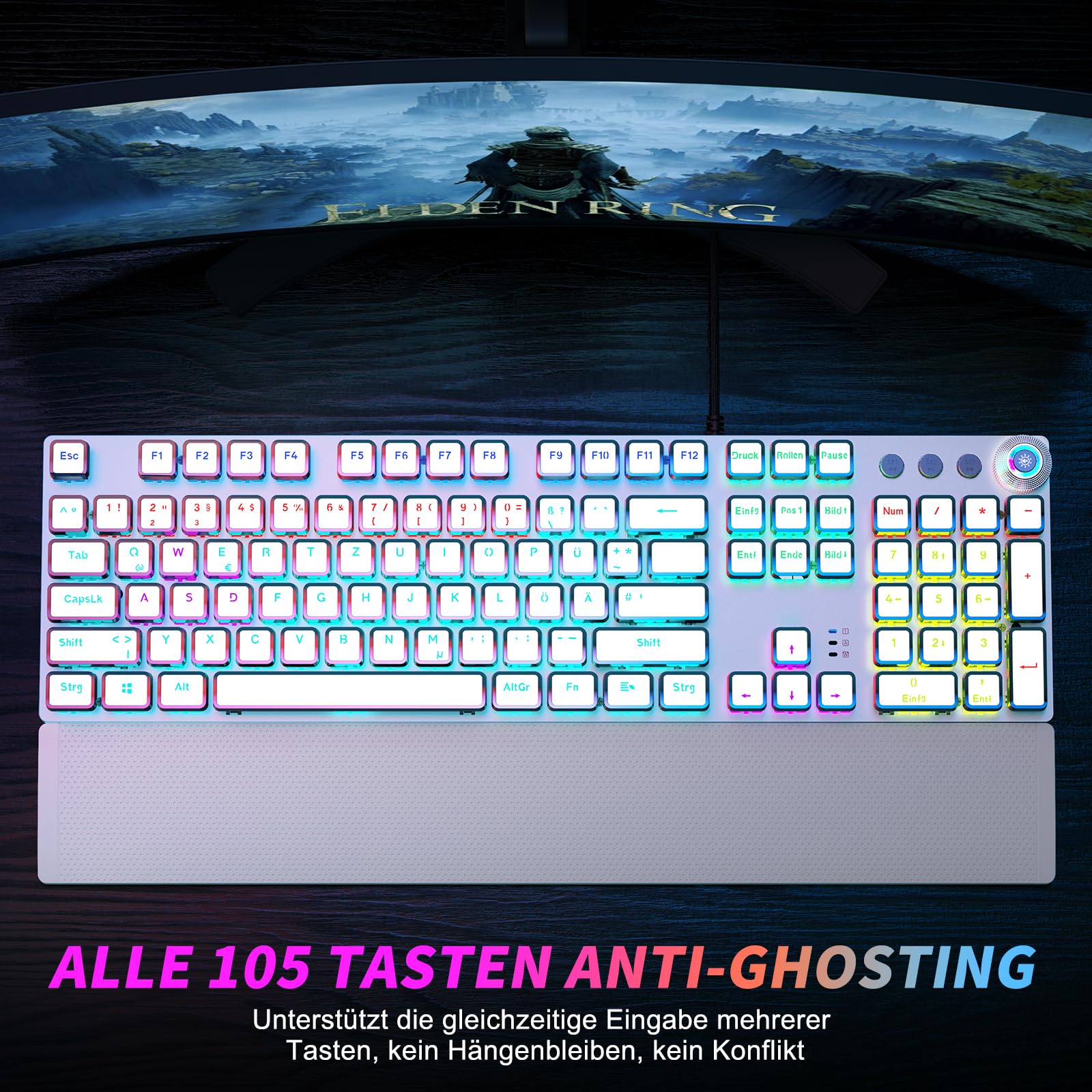 TECURS Tastiera meccanica da gioco, programmabile, con poggiapolsi magnetico, interruttore rosso, 19 modalità LED, tasti multimediali, PC con cavo, layout QWERTZ DE, bianco