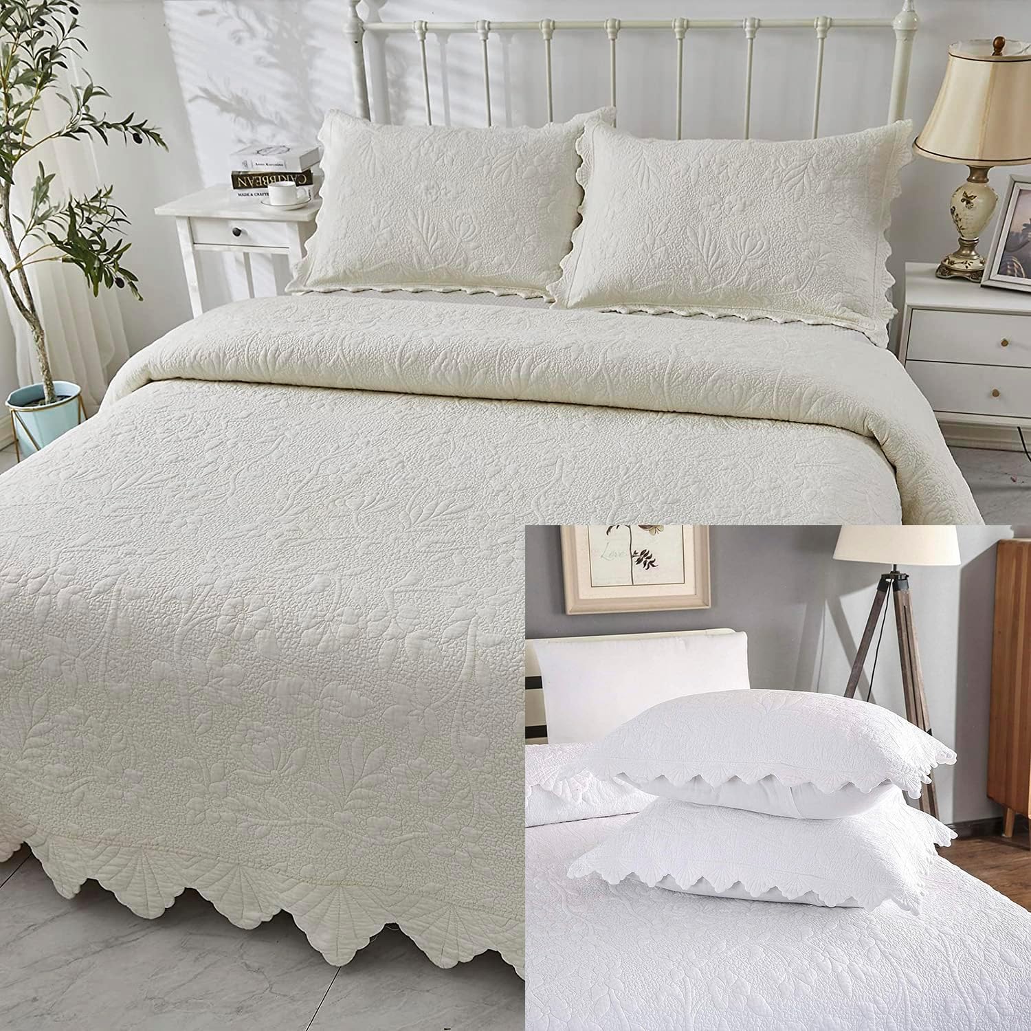 Brandream 5Piece Cream White Quilt Set Queen Size