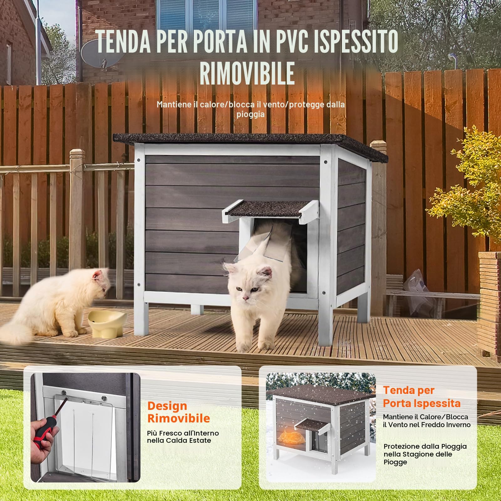 VEVOR Cuccia per Gatti da Esterno, 610x508x535 mm, Cuccia per Gatti in Legno, Resistente alle Intemperie, Isolamento in Schiuma, Tetto Aperto, Porta a Ribalta, Cuccia per Gatti Animali, Grigio