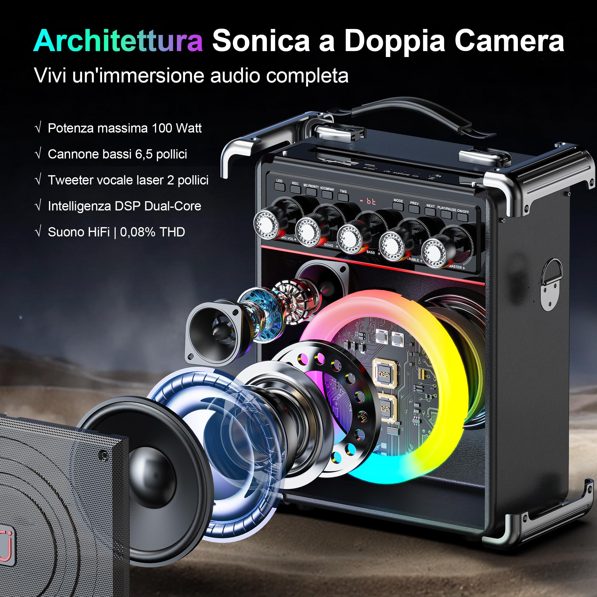 JYX Karaoke con 2 Microfono, 100W Cassa Bluetooth, Autonomia 18 Ore, Karaoke Professionale Completo, Potatile PA Sistema e Luce LED & telecomando, Supporta Bluetooth/TF/USB/AUX/TWS