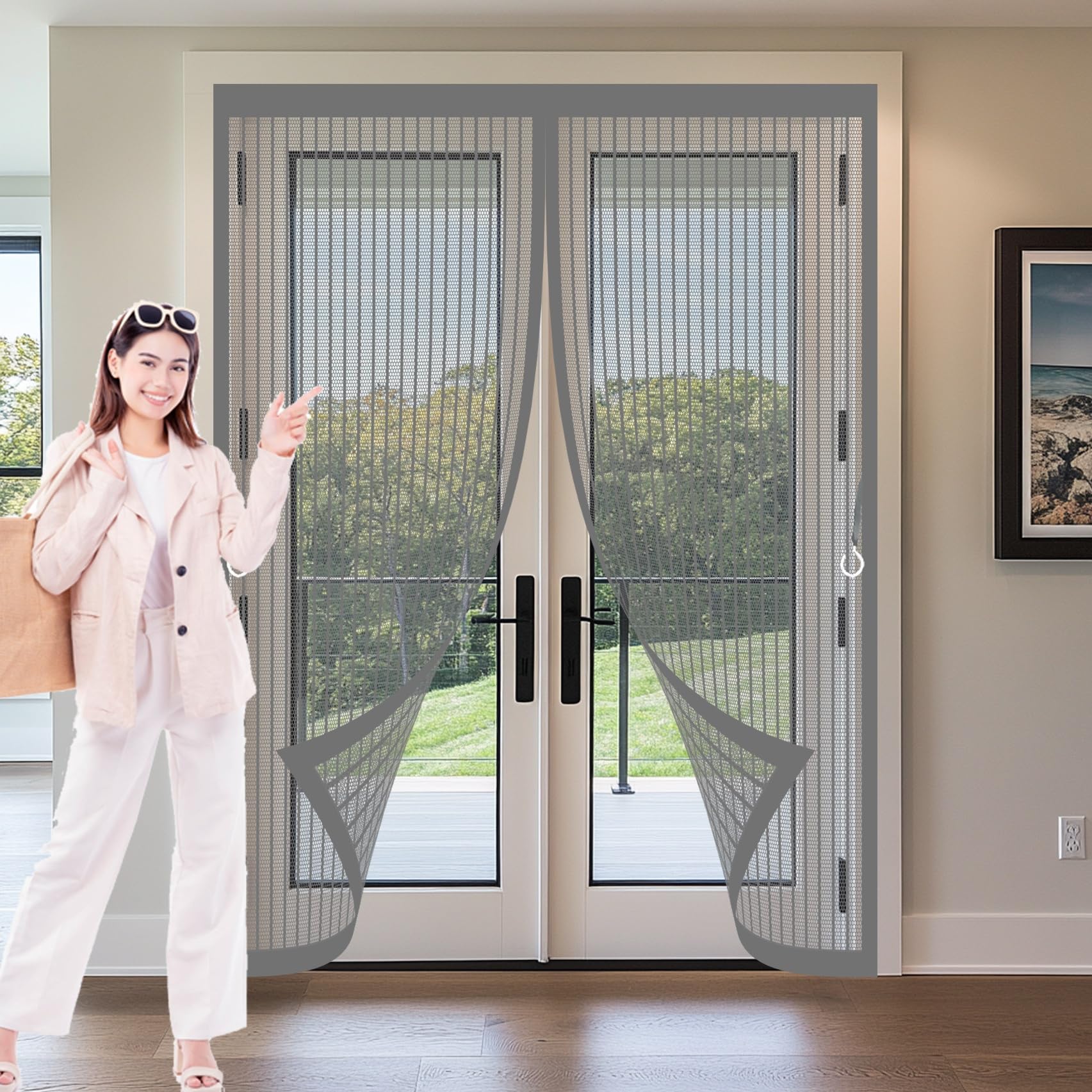 Xueqxue Grey Door Fly Screen Curtain 126 X 156 Cm With Powerful Magnets & Full Frame Magic Tape, Keep Bugs Out & Lets Fresh Air In Flyscreen French Doors For Patio Doors Balcony,