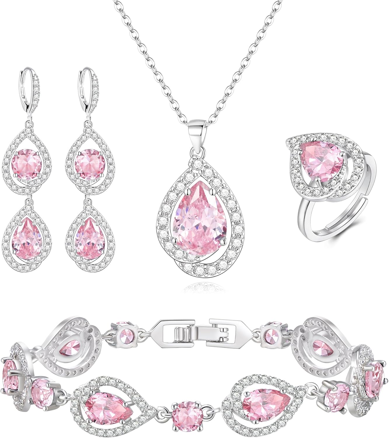 EVER FAITH Wedding Prom Four Clovers Jewelry Set for Women, Teardrop Cubic Zirconia Necklace Hoop Dangle Earrings Bracelet Open Ring Sets Anniversary Birthday Engagement Gift for Friend Lover Wife