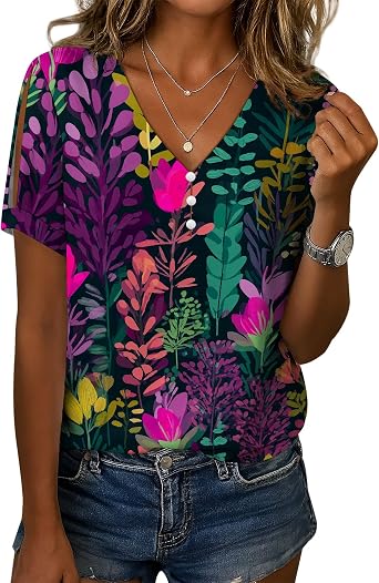 Womens Oversized T Shirts Linen Blend Dreesy V-Neck Short Sleeve Boho Graphic Floral Print Casual Loose Fit Tunic Blouse