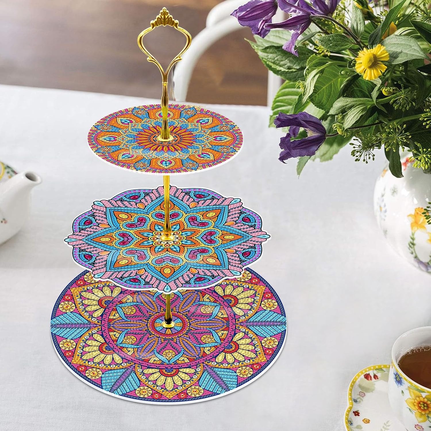BAYUNOE Three-Layer Diamond Art Painting Cupcake Stand Dinner Snack Rack Display Tower DIY Diamond Dessert Stand Tiered Serving Tray for Afternoon Tea Party Wedding Birthday-Mandala03