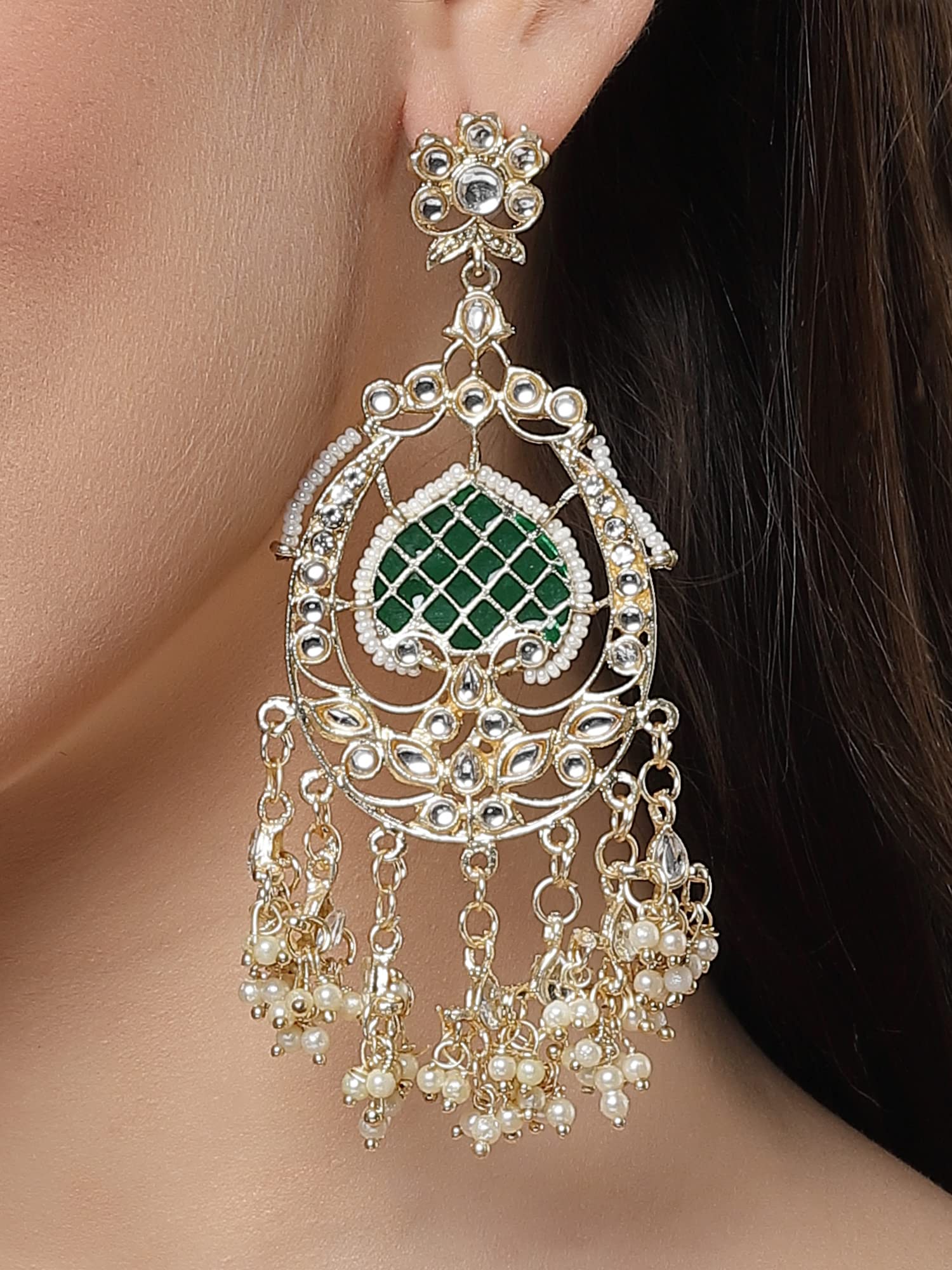 Stylish Traditional Kundan Earrings, Green