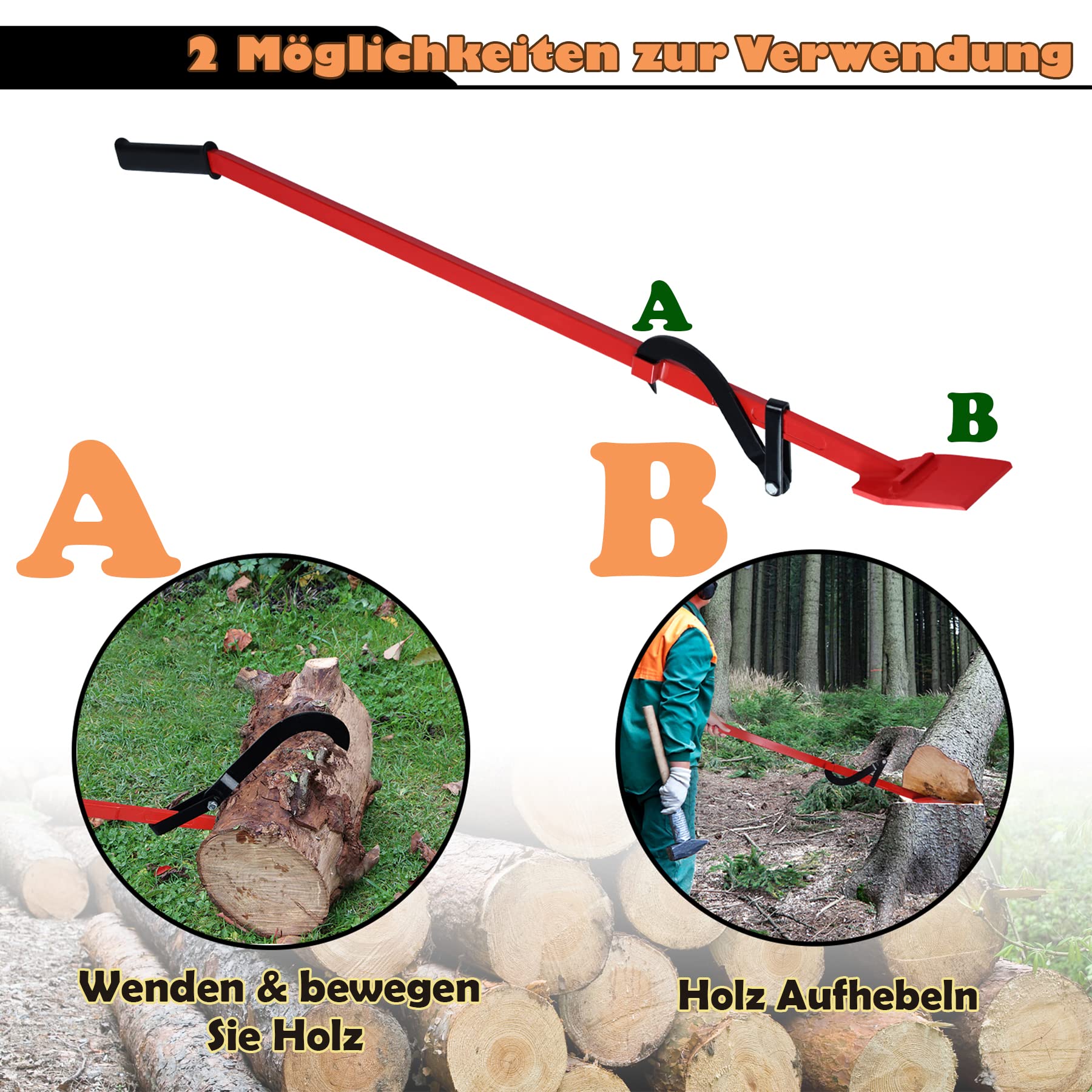 SUBTLETY 130cm Leve e Cunei per Abbattimento Pesante Sollevatore per l'Abbattimento degli Alberi Cuneo con Manico Antiscivolo e Gancio Reversibile Portata fino a 250KG per Giardino e Paesaggistica