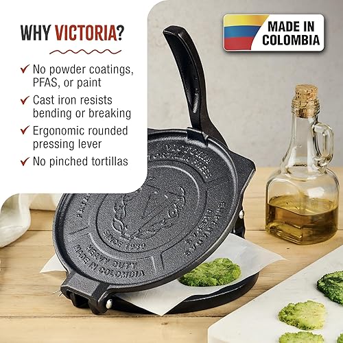 Miniatura 16 de Victoria - Prensa para tortilla de hierro fundido, máquina para hacer tortillas de harina, masa y rotis, pataconera sazonada con aceite de linaza
