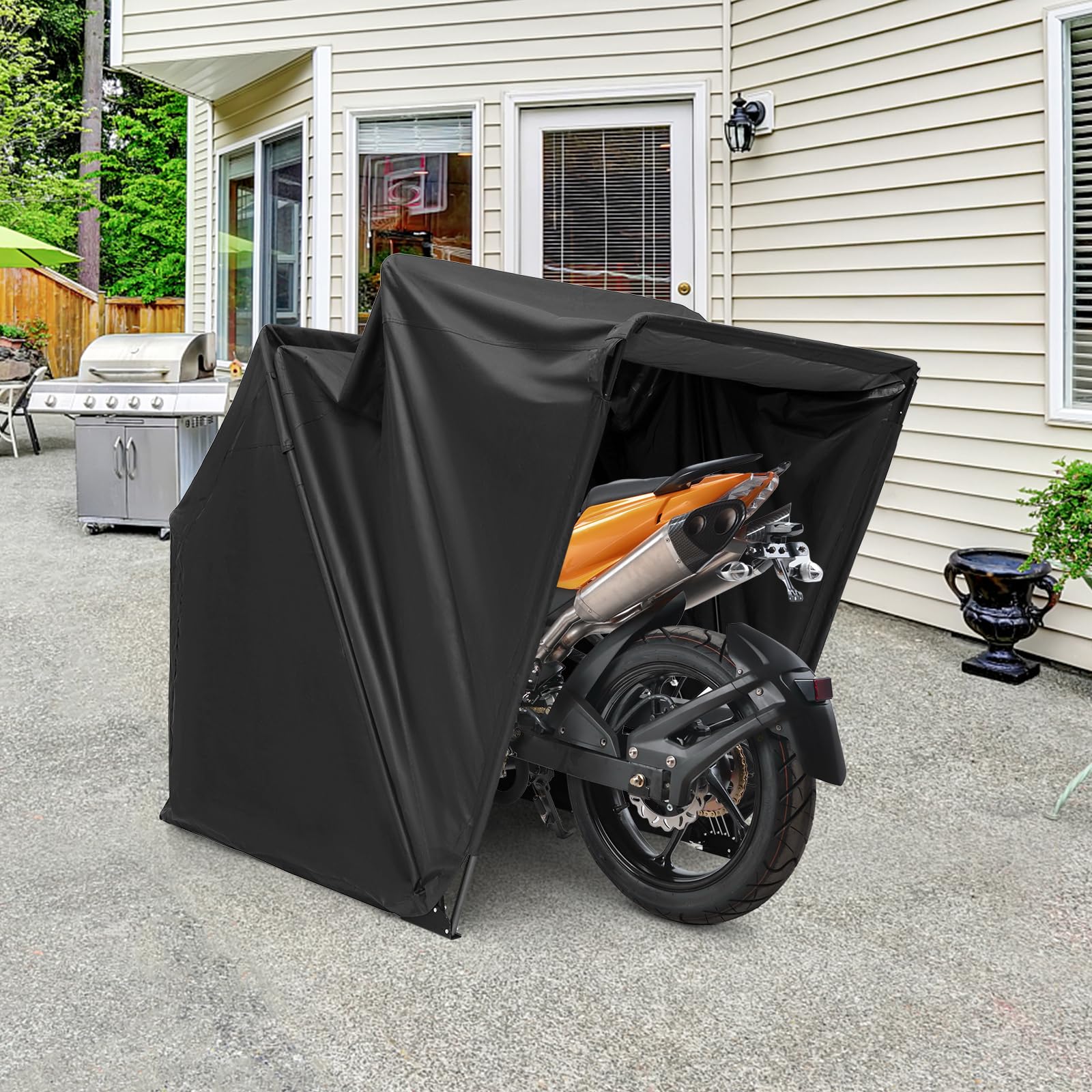 SOARS Casetta da giardino 342 x 137 x 193 cm, copertura per moto da esterno in tessuto Oxford impermeabile, base in metallo, costruzione stabile, finestra arrotolabile, per moto, bicicletta, giardino
