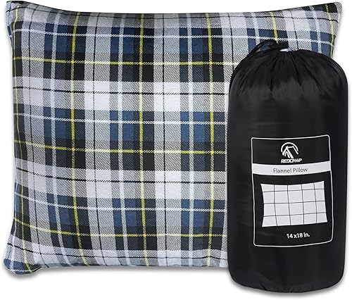 REDCAMP Almohada pequeña de camping ligera y comprimible, almohada de viaje de franela con funda de almohada extraíble (azul cuadrado y gris)
