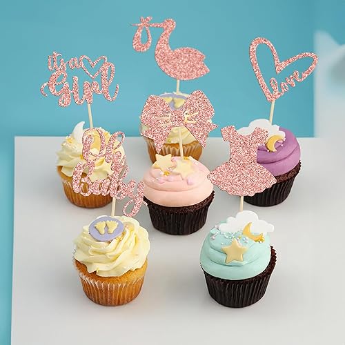 Miniatura 4 de Gyufise Paquete de 36 adornos para cupcakes con texto en inglés "It's a Girl" con lazo y corazón, oro rosa, purpurina para pasteles, decoraciones