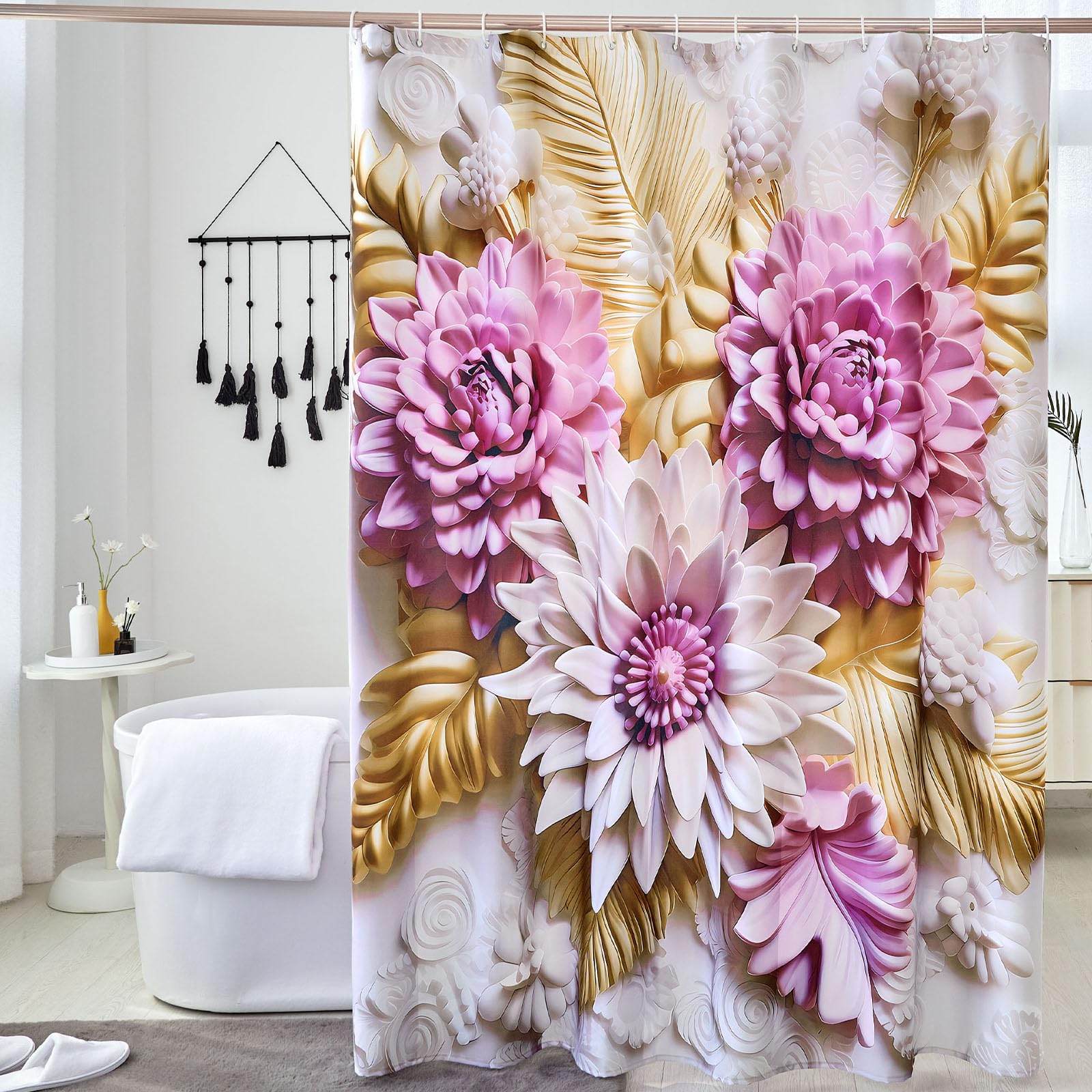 Elegant Pink and Gold Blossom Floral Shower Curtain for Modern Bath Decor, Fabric Bathroom Curtains with Rich Texture Design, Waterproof & Washable Shower Curtain Set with Hooks, 72x72 Inch