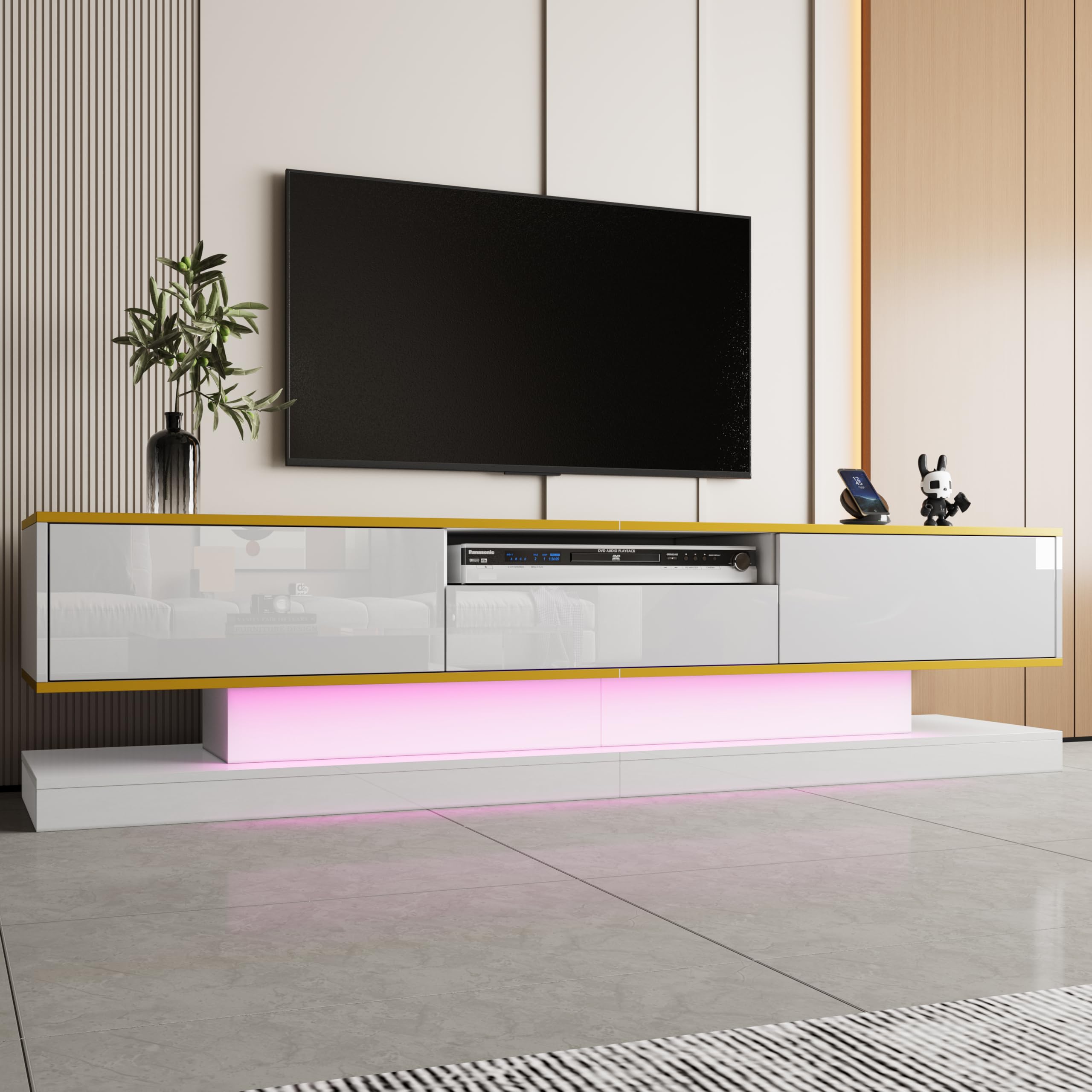 Mobile TV moderno, dotato di 3 cassetti e 1 ripiano aperto, con illuminazione LED a colori variabili, superficie lucida, 180x38x45 cm,mobili salotto porta tv,mobile soggiorno (bianco)