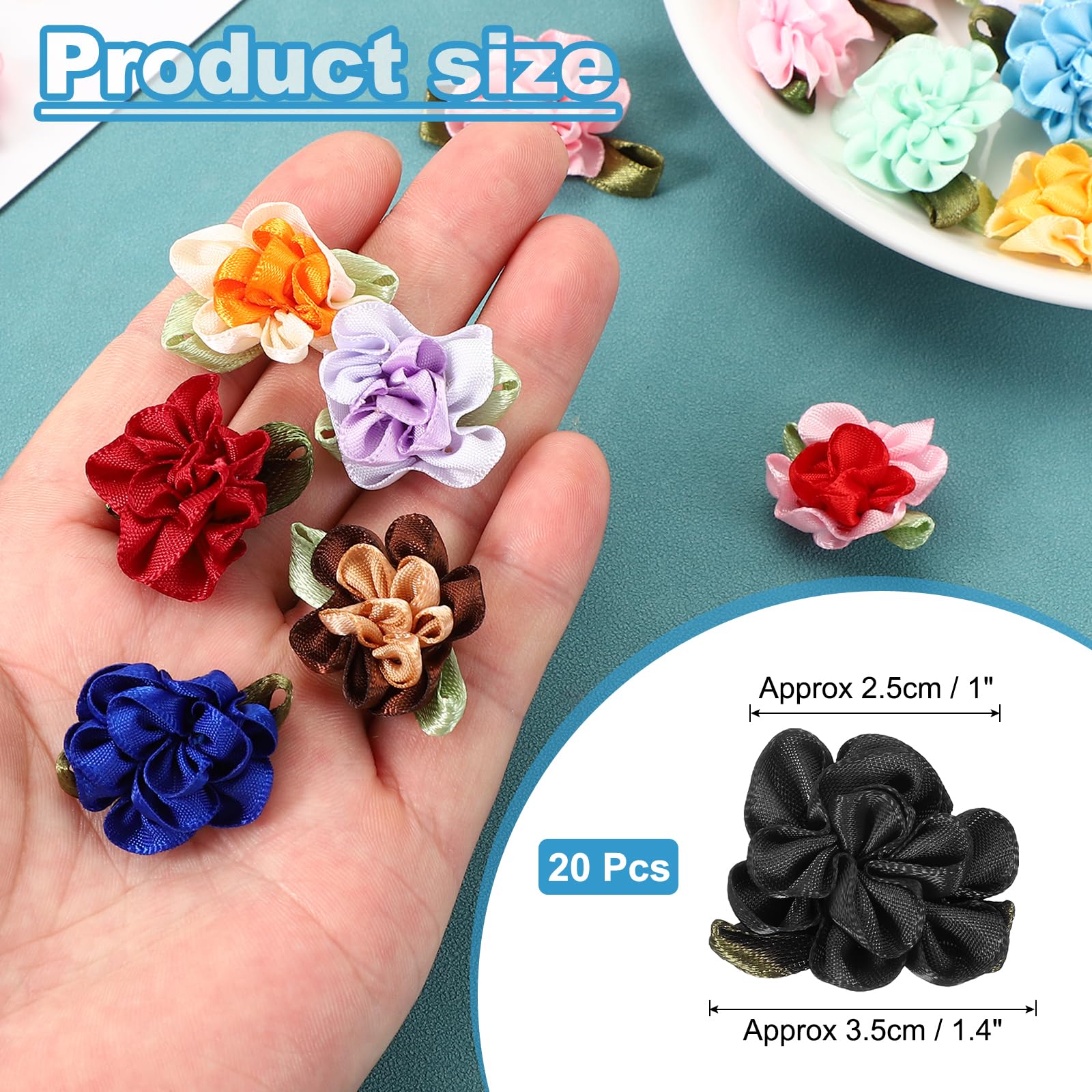 PATIKIL 1 Inch Ribbon Flowers Bows for Crafts 20 Pack Mini Satin Roses Flowers Small Fabric Flower Heads DIY Sewing Appliques for Gift Wedding Bride Ornament Black - Image 2