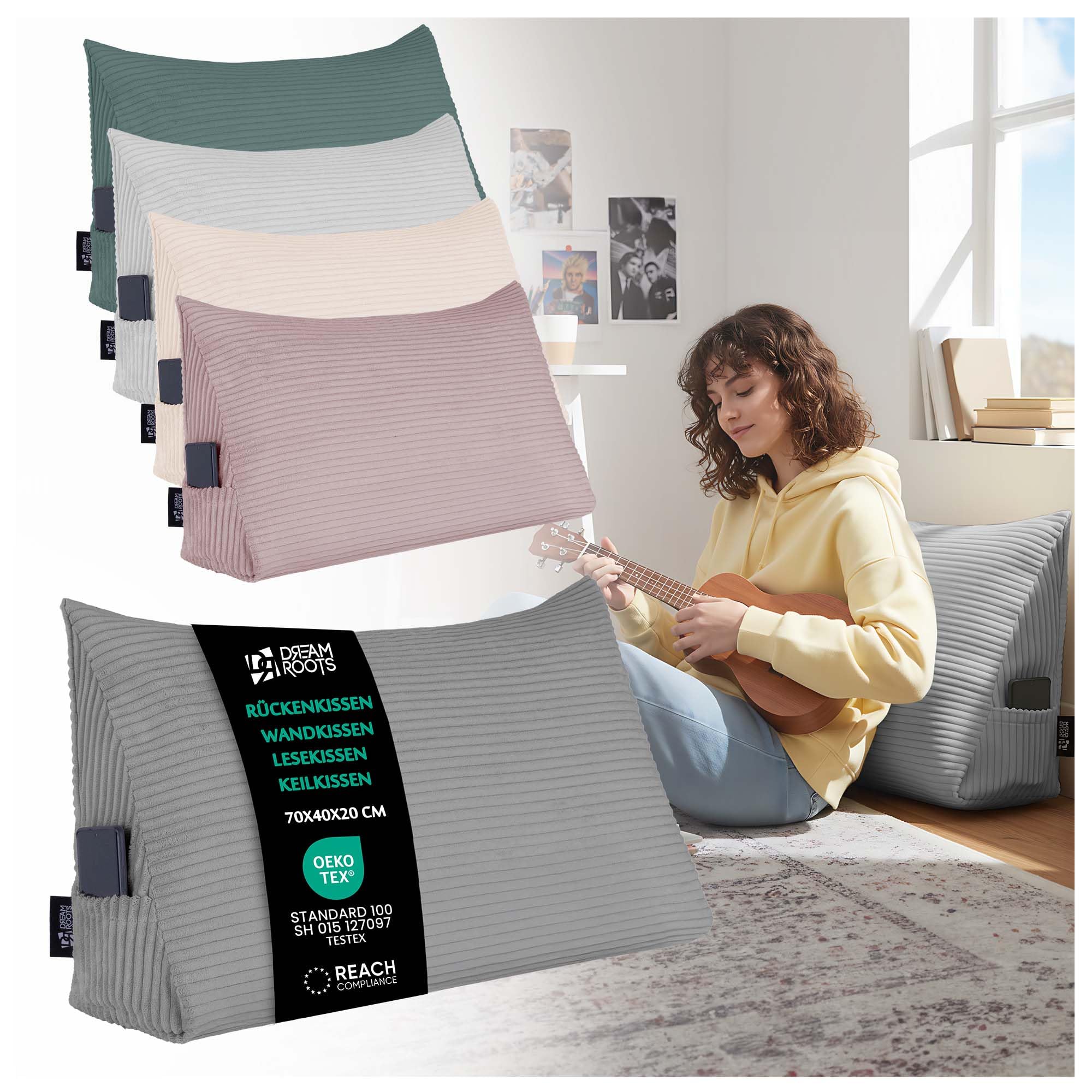 DreamRoots Rückenkissen Keilkissen Bett - Verstellbares Lesekissen & Wandkissen, 70×40×20 cm Cord-Bezug 380 g/m², abnehmbar & waschbar, Seitentasche - Sofa Rückenkissen Dunkelgrau