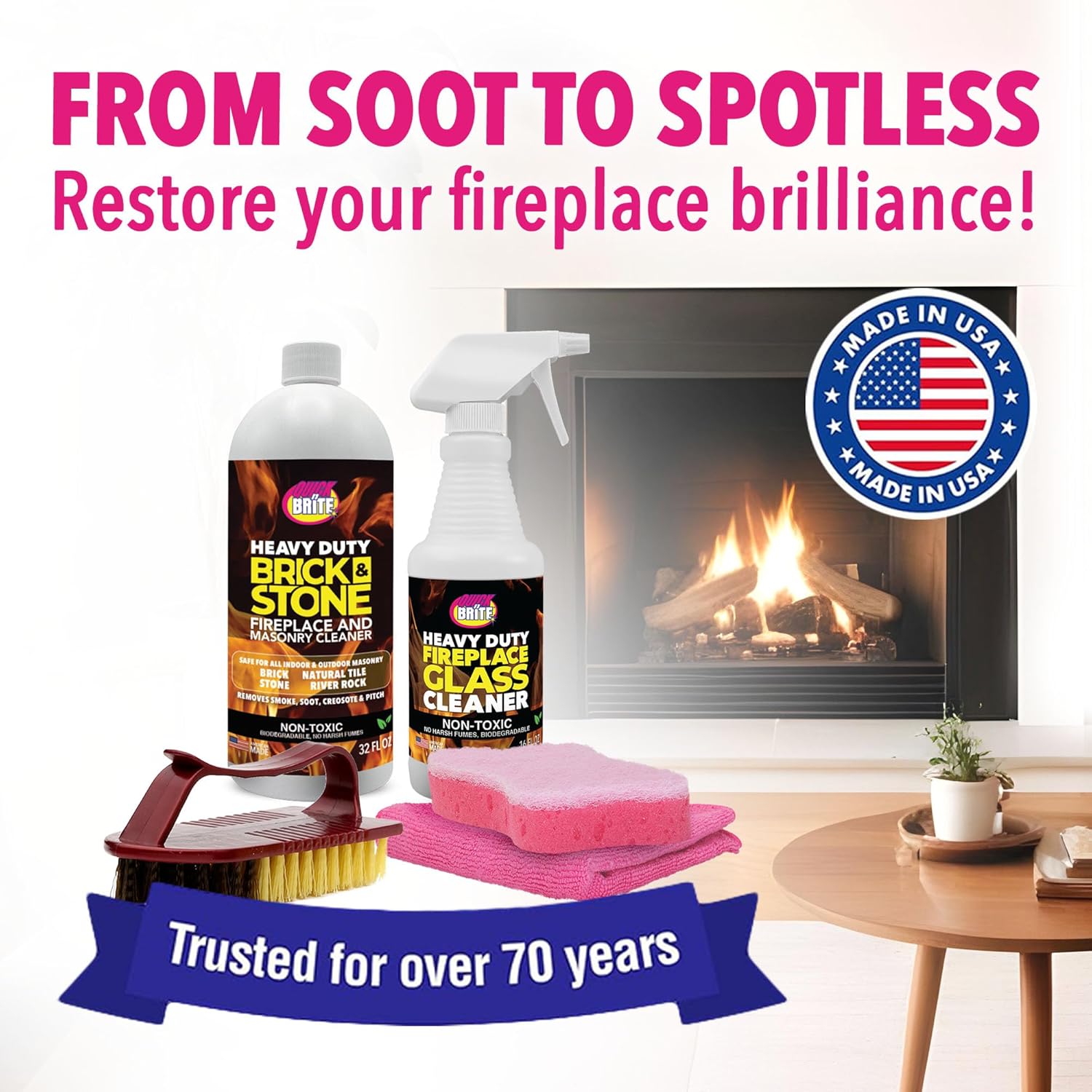 Quick 'n Brite Fireplace Cleaning Kit – Includes 16 oz Fireplace Glass Cleaner, 32 oz Gel Fireplace Cleaner, Scrub Brush, Sponge and Microfiber Towel