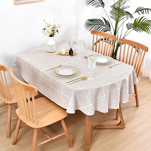 Miniatura 2 de Mantel ovalado de celosía de 60 x 84 pulgadas, mantel rústico a cuadros marrón a cuadros, lino y algodón, tela bordada, para decoración de mesa de